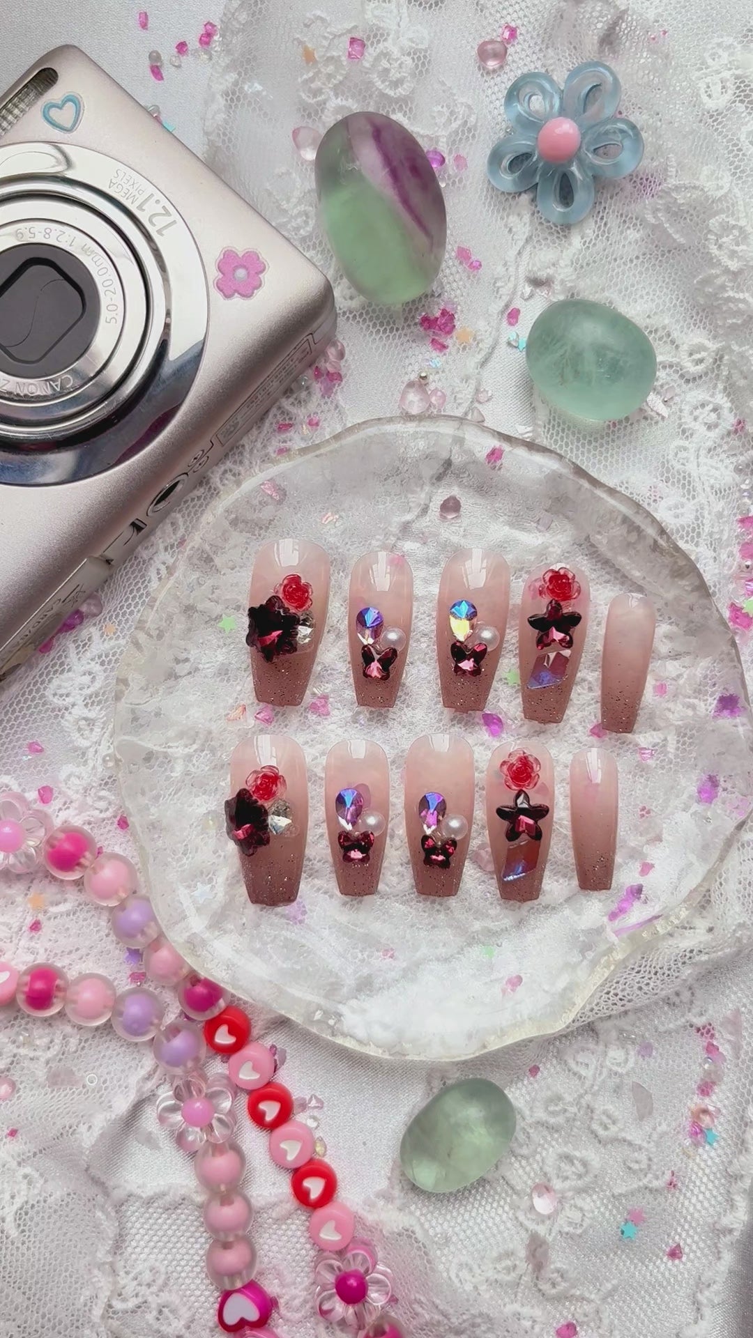 Press-On Nails – Long Square Nude Glitter with Red Rose & Crystal Rhinestone Accents | Wynzy Pops Nails