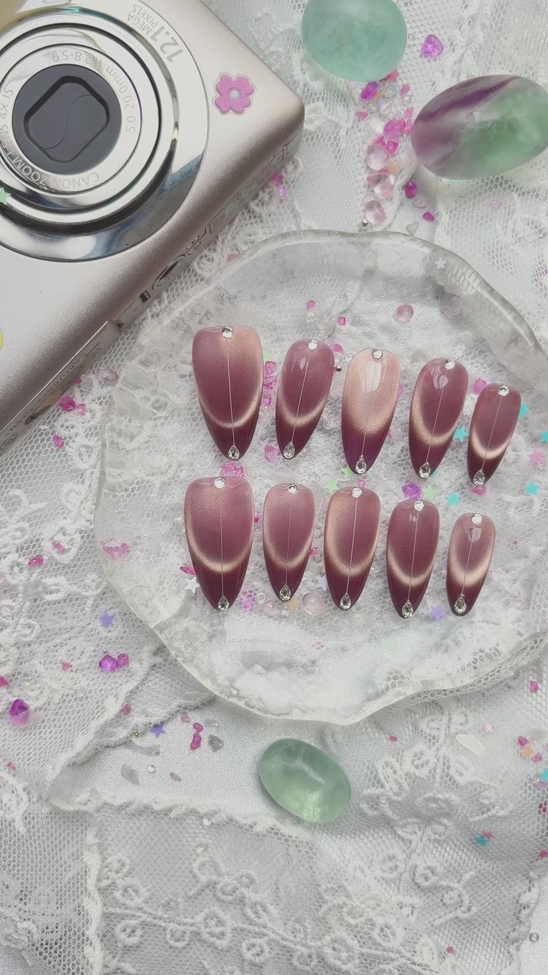 Custom Press-On Nails – Personalized Almond Shape with Purple Cat Eye French Tip & Rhinestones | Wynzy Pops Nails