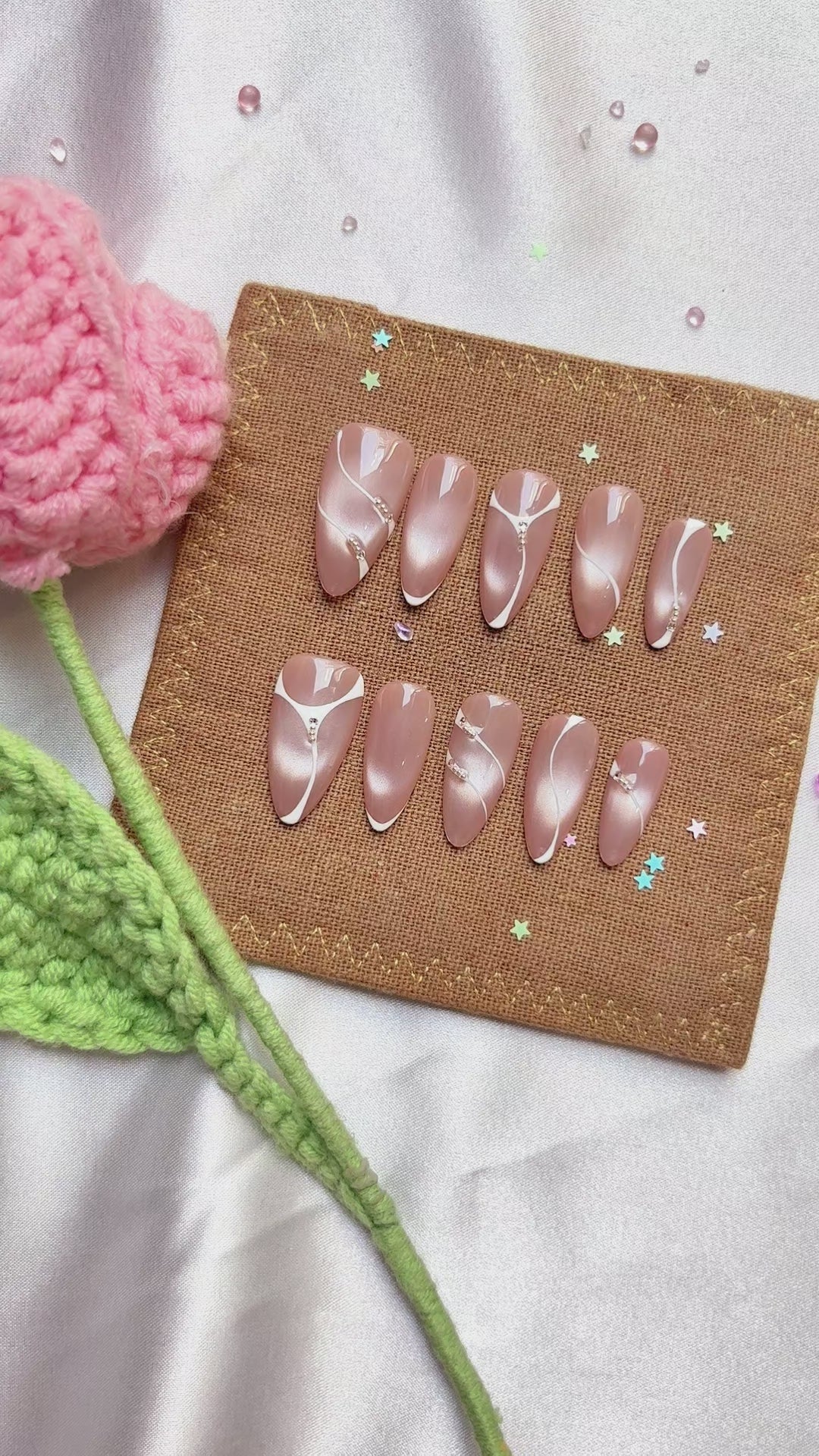 Personalized Press On Nails | Nude Cat Eye Nails | White Swirl Nails | Pearl Accent Nails | Elegant Minimalist Luxury Nail Art Set