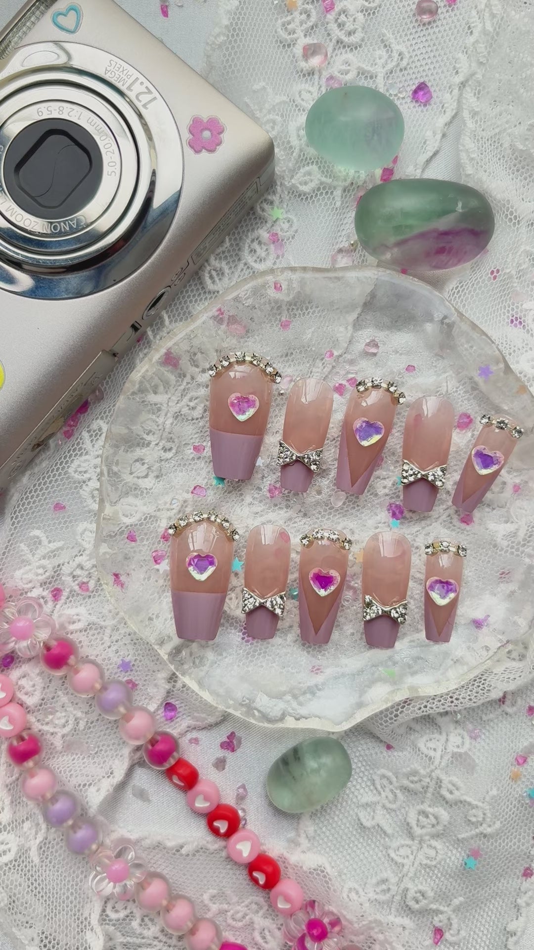 Custom Press-On Nails – Pink French Coquette Design with 3D Heart & Bow Charms | Wynzy Pops Nails