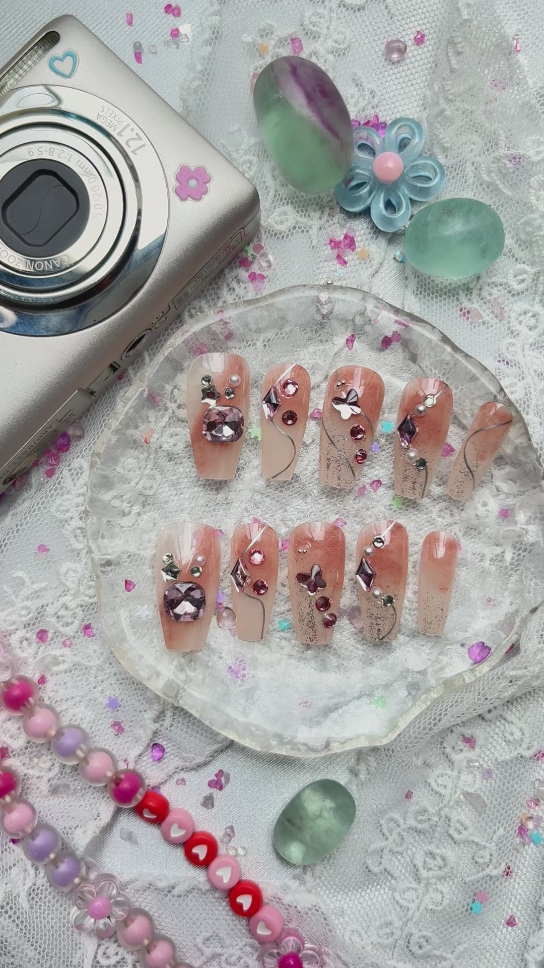 Press-On Nails – Ombre Nude & Peach with Rhinestone, Pearl & Glitter Accents | Wynzy Pops Nails
