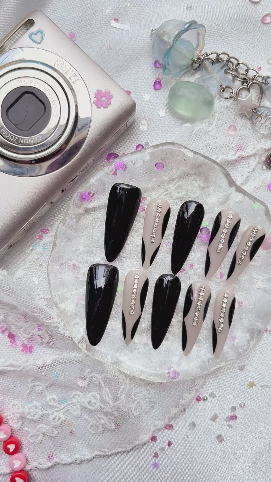 Custom Press-On Nails – Black & Gray Stiletto with Rhinestone Stripe | Bold Monochrome Nail Art | Wynzy Pops Nails