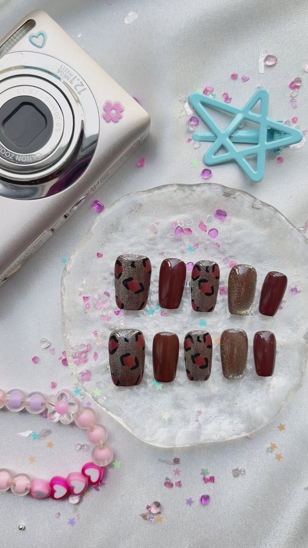 Custom Press-On Nails – Leopard Print with Gold Glitter & Brown Accents | Wynzy Pops Nails