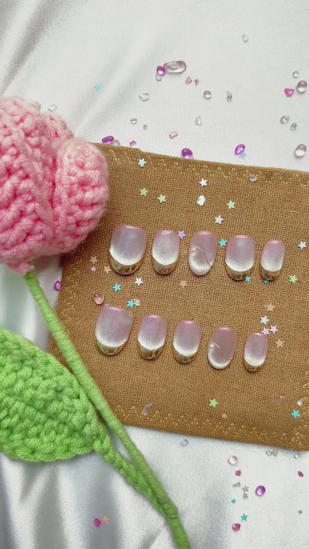 Personalized Pink French Tip Press On Nails – Gold Cat Eye & Galaxy Nail Art | Wynzy Pops Nails