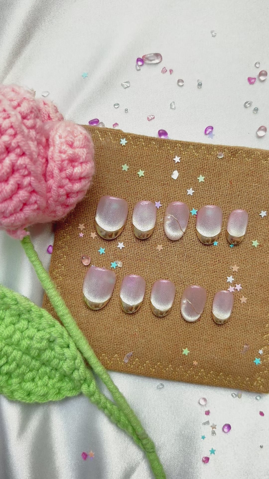 Personalized Pink French Tip Press On Nails – Gold Cat Eye & Galaxy Nail Art | Wynzy Pops Nails