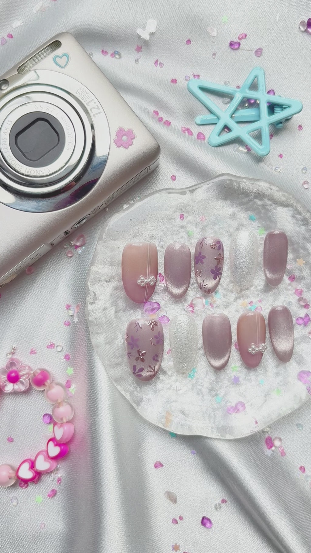 Custom Press-On Nails – Nude & Lavender Cat Eye with Floral & Pearl Accents | Wynzy Pops Nails