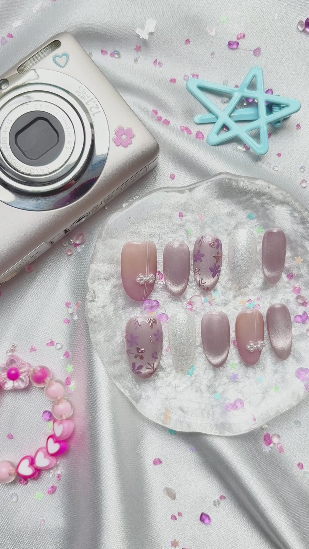 Custom Press-On Nails – Nude & Lavender Cat Eye with Floral & Pearl Accents | Wynzy Pops Nails