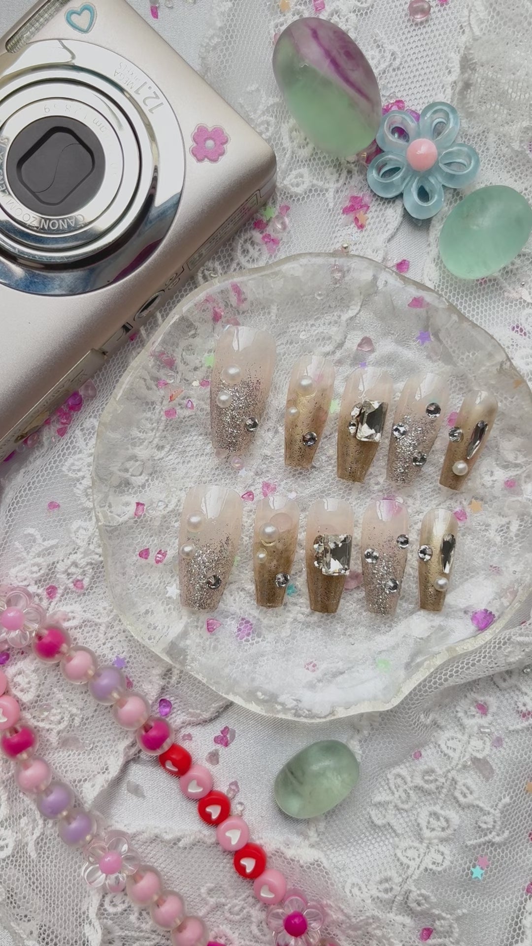 Press-On Nails – Gold Glitter with Pearls & Rhinestones | Elegant Clear Tip Coffin Set | Wynzy Pops Nails