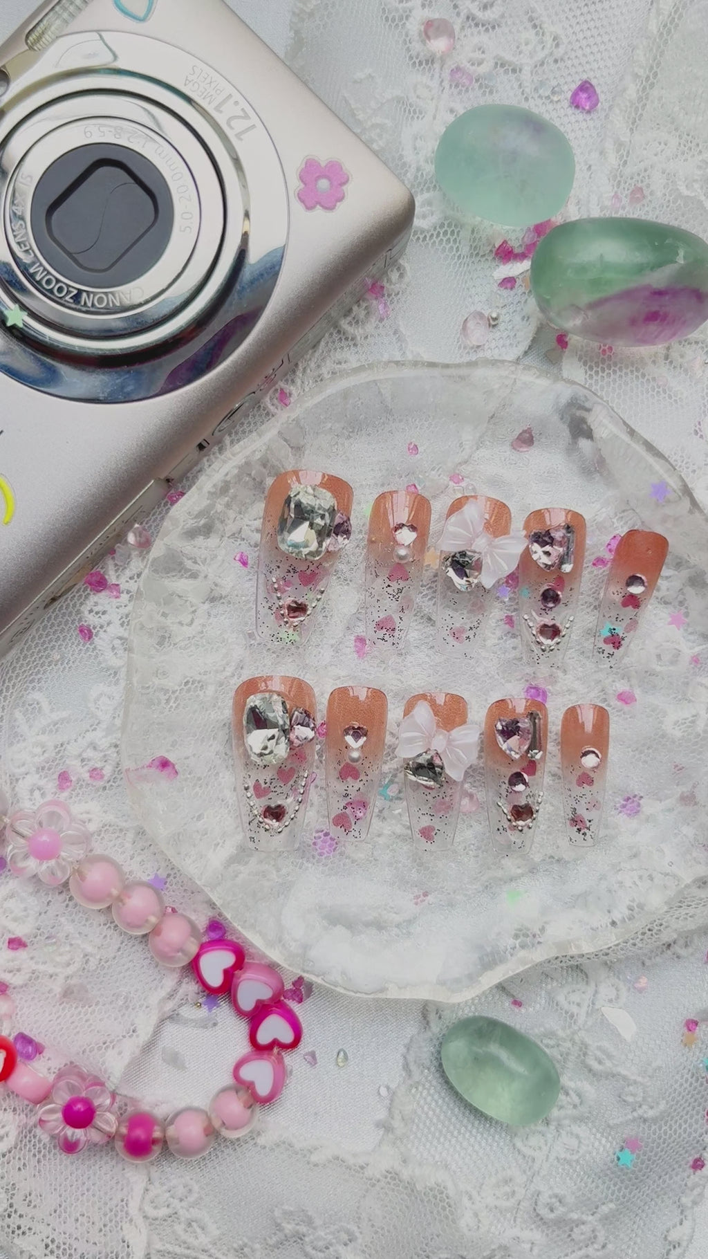 Luxury 3D Heart Charm Press-On Nails – Glitter Clear Tips with Rhinestone & Bow Accents