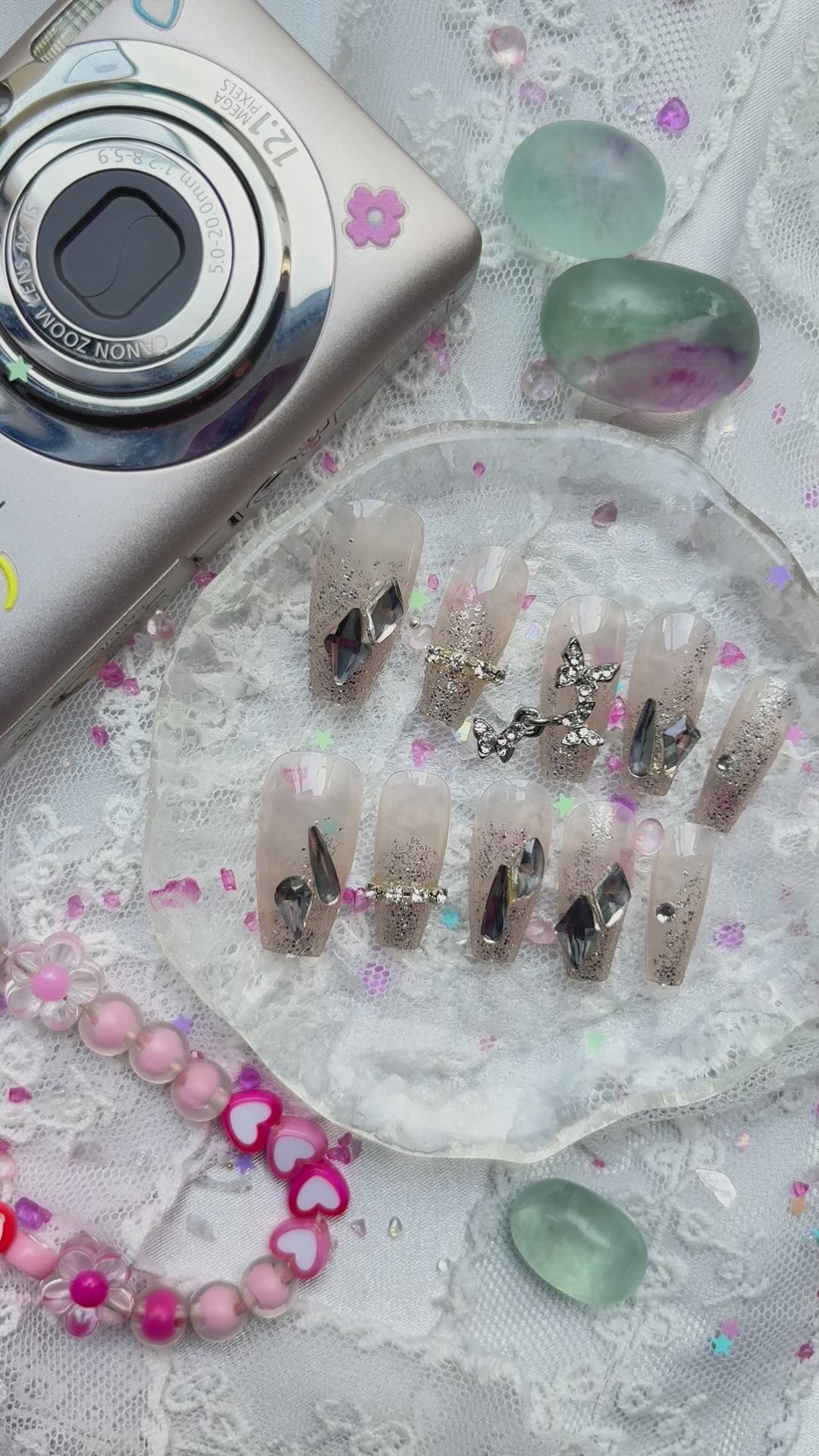 Press-On Nails – Silver Glitter with Rhinestone & Chrome Accents | Long Coffin Glam Luxe | Wynzy Pops Nails