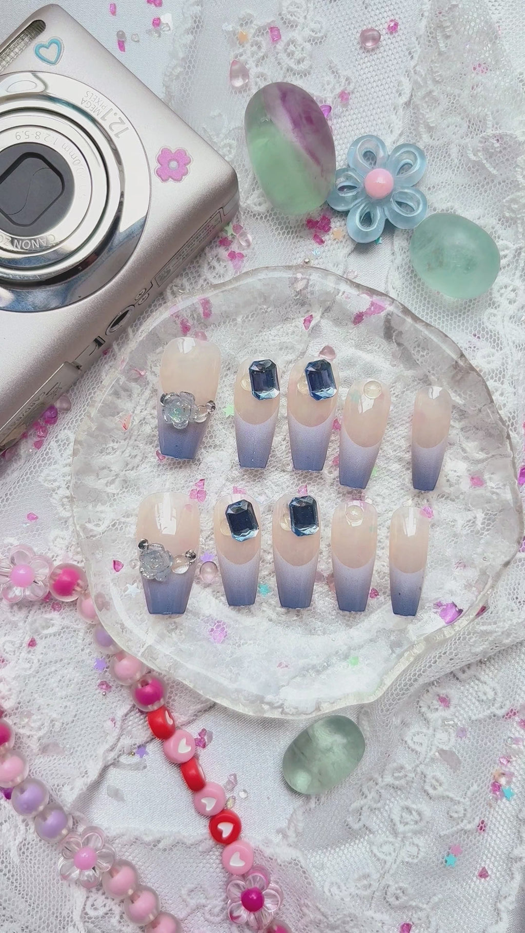 Press-On Nails – Blue Ocean French Tip with 3D Crystal Flower & Gem Accents | Handmade Nail Art Set | Wynzy Pops Nails
