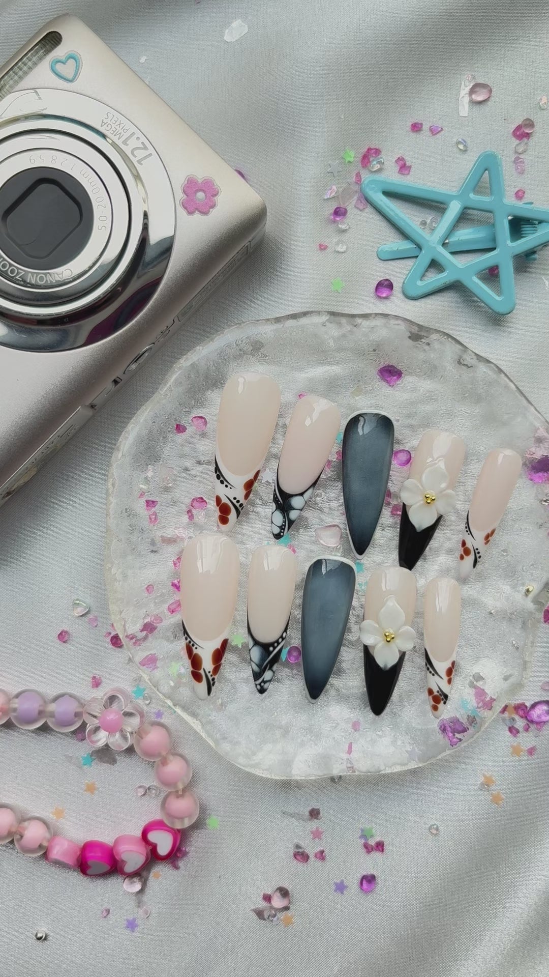 Personalized Nude & Black French Stiletto Nails | 3D White Flower | Abstract Dot Design | Modern Chic Nail Trend 2025