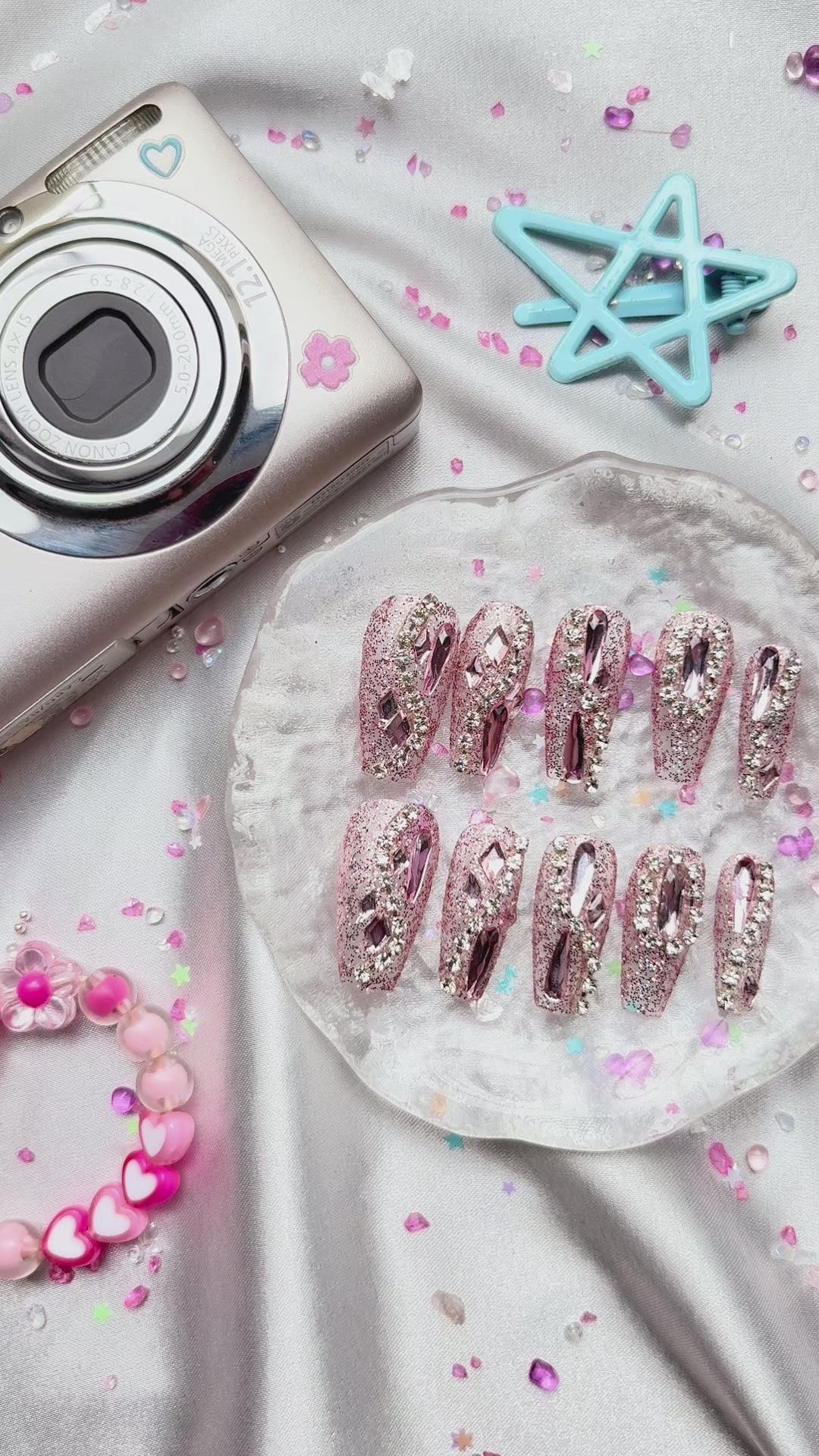 Press-On Nails – Long Coffin Pink Glitter with Silver Rhinestone Outline & Large Gem Accents | Wynzy Pops Nails