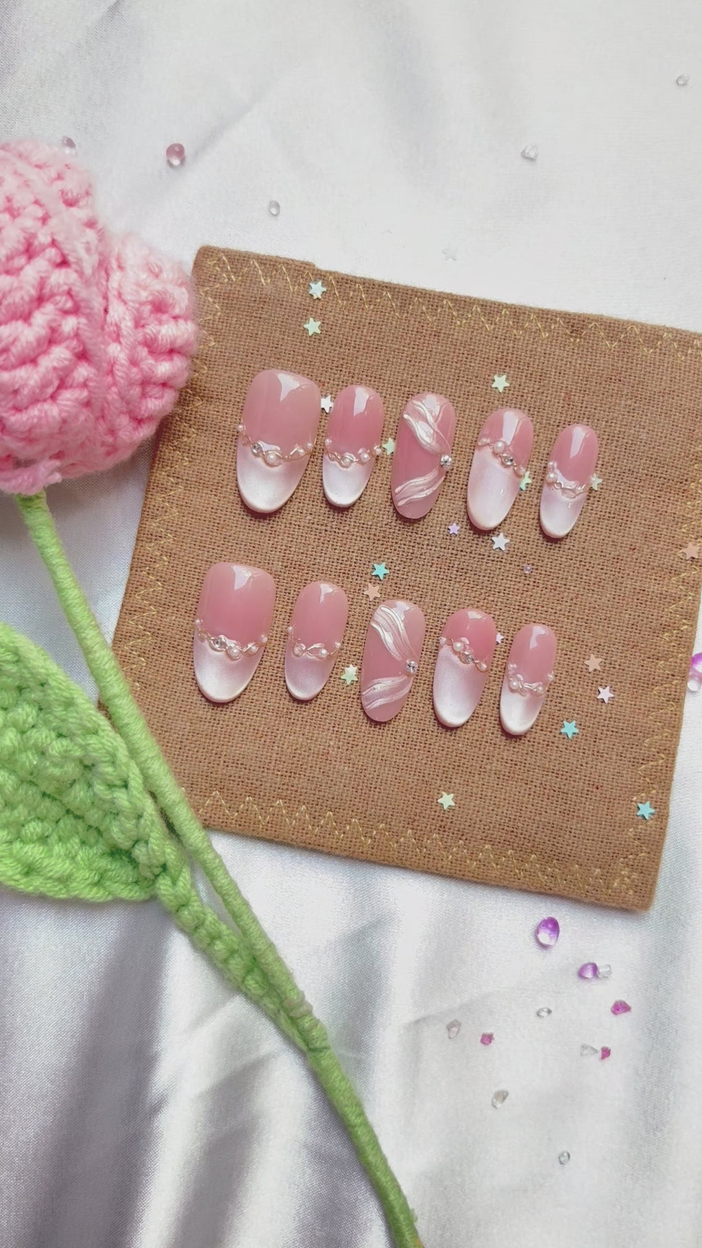 Custom Press-On Nails – Personalized Pink Ombré Cat Eye with 3D Ribbon & Rhinestone Accents | Wynzy Pops Nails