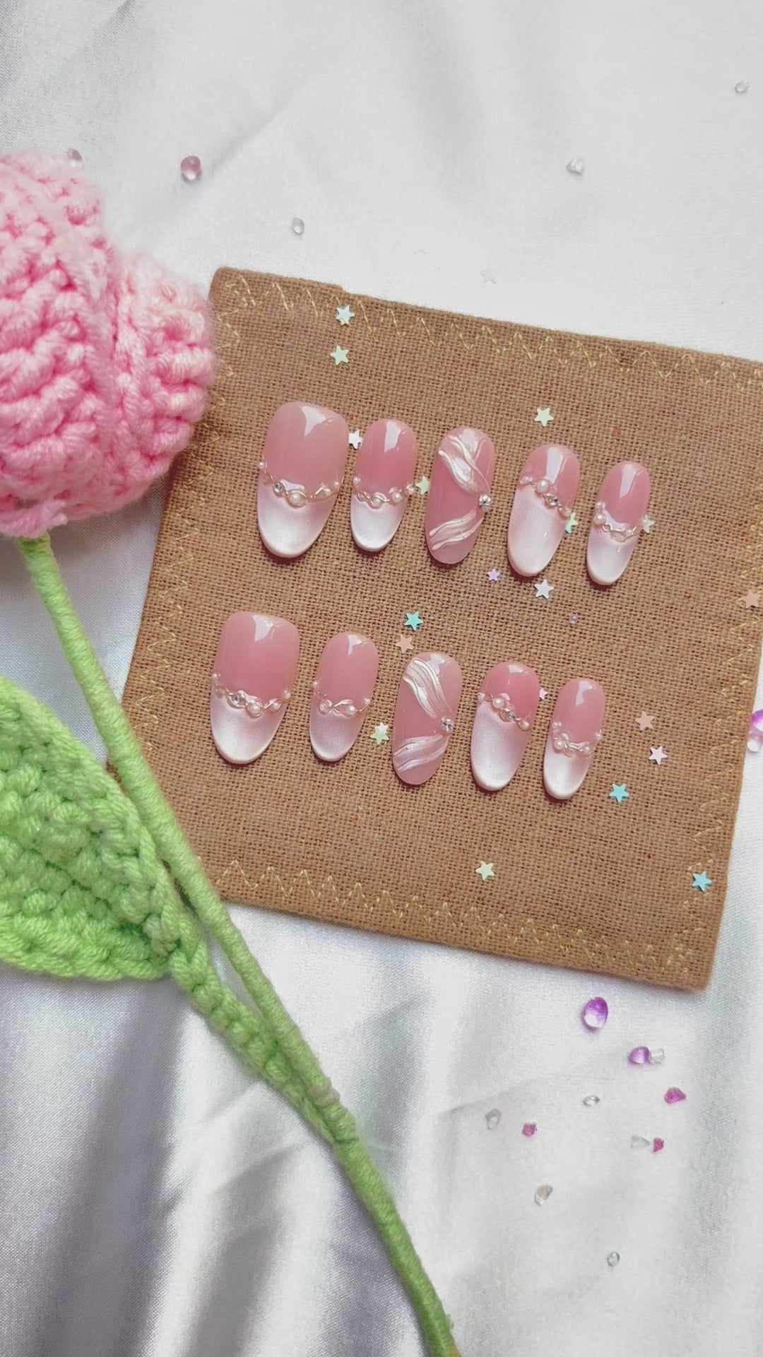 Custom Press-On Nails – Personalized Pink Ombré Cat Eye with 3D Ribbon & Rhinestone Accents | Wynzy Pops Nails