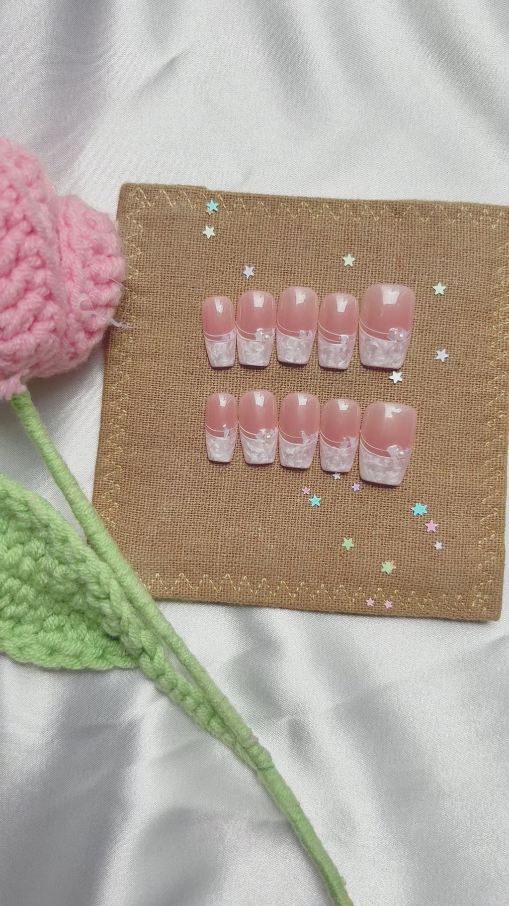 Custom French Tip Press-On Nails | Soft Pink Ombre with Marble White Tips | Delicate Rhinestone Accents | Elegant Personalized Nail Set