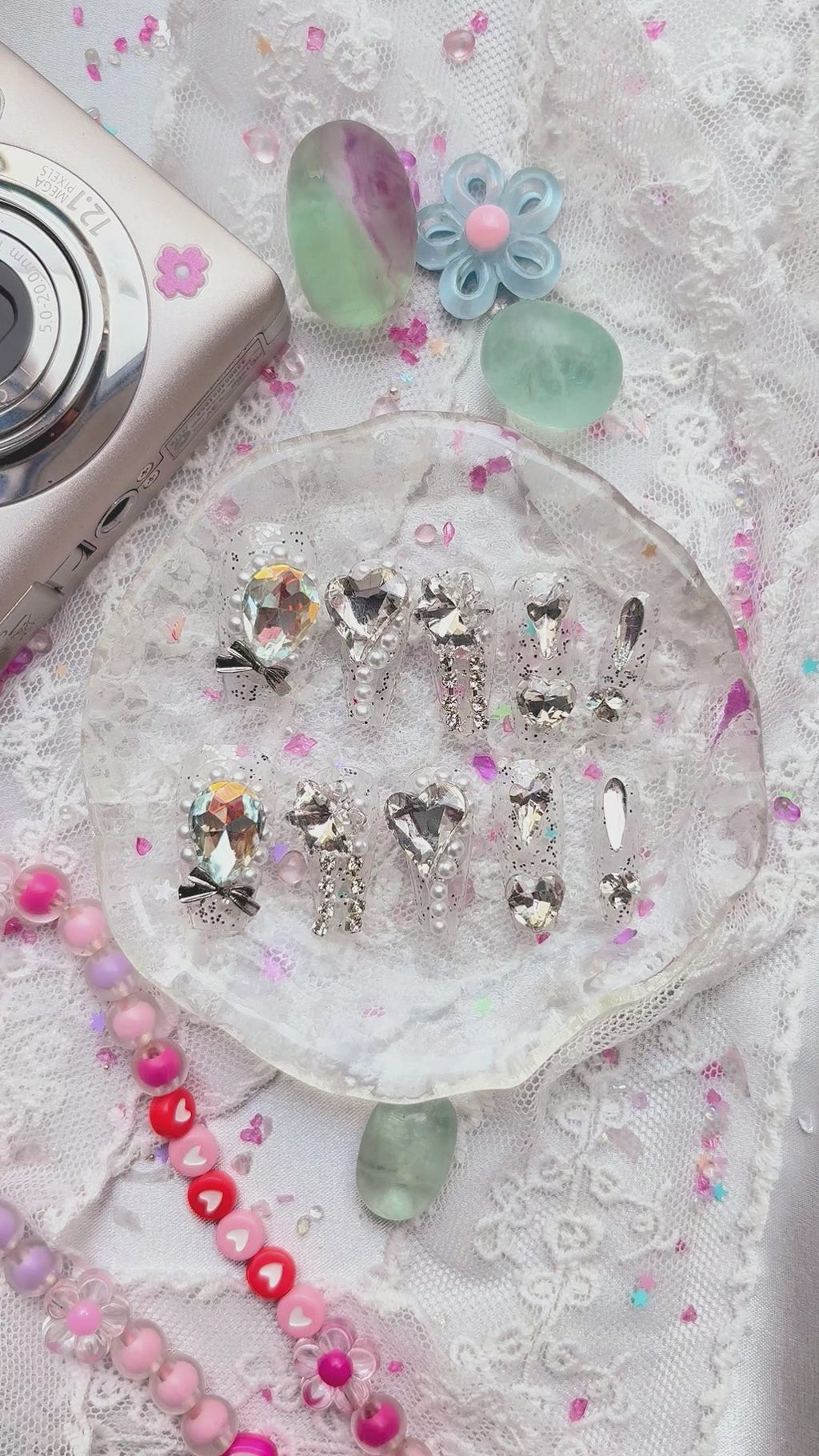 Press-On Nails – Extra Long Clear Glitter Coffin with Gems, Pearls & Bows | Wynzy Pops Nails