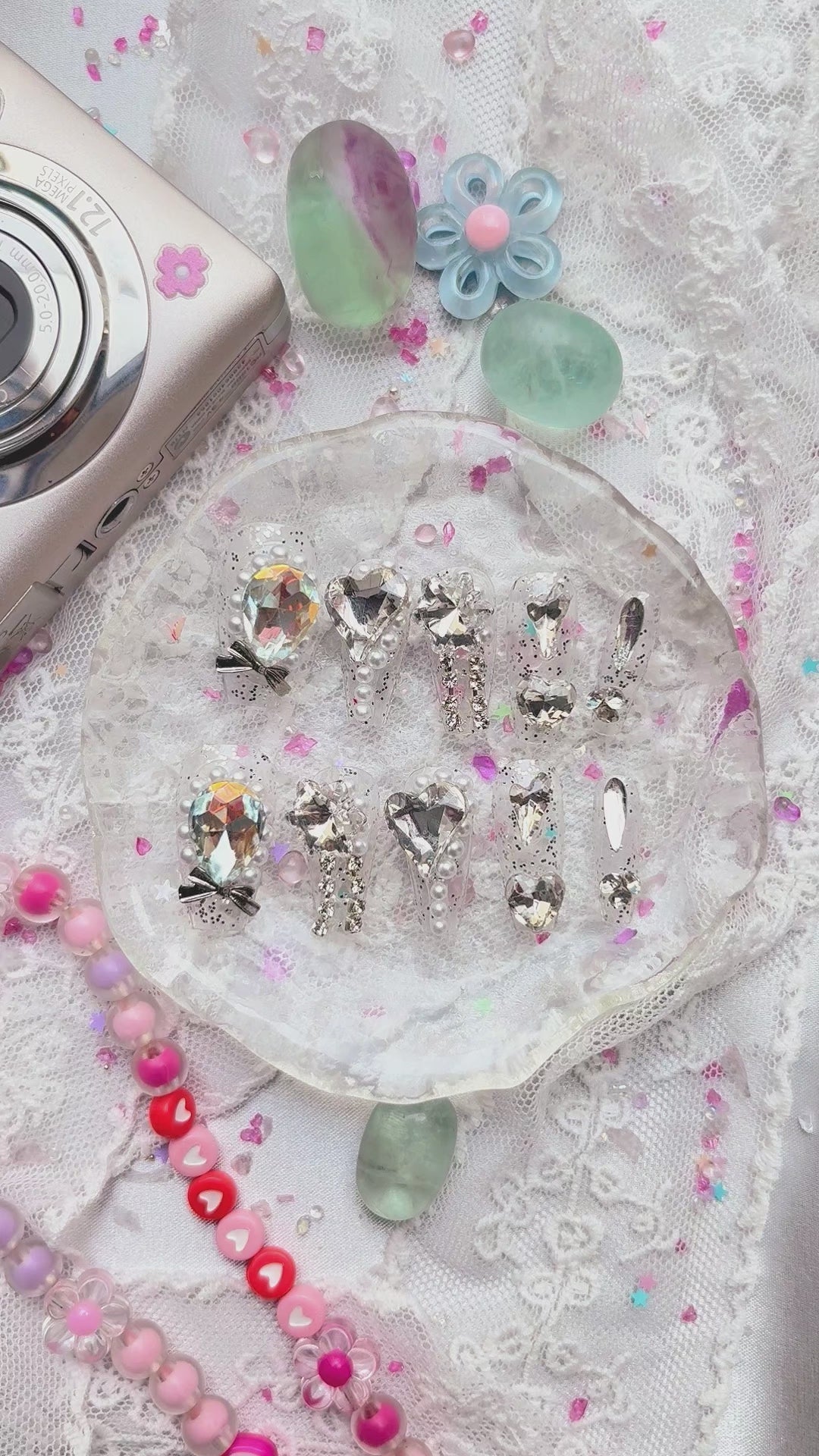 Press-On Nails – Extra Long Clear Glitter Coffin with Gems, Pearls & Bows | Wynzy Pops Nails