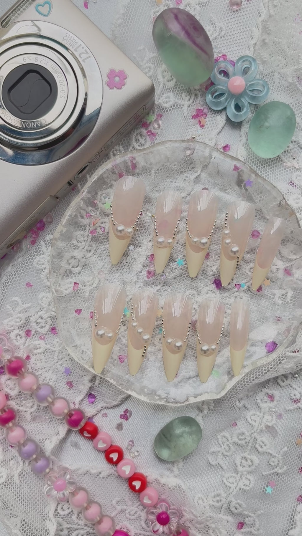 Press-On Nails – Nude & Cream French Stiletto with Pearl Accents | Wynzy Pops Nails