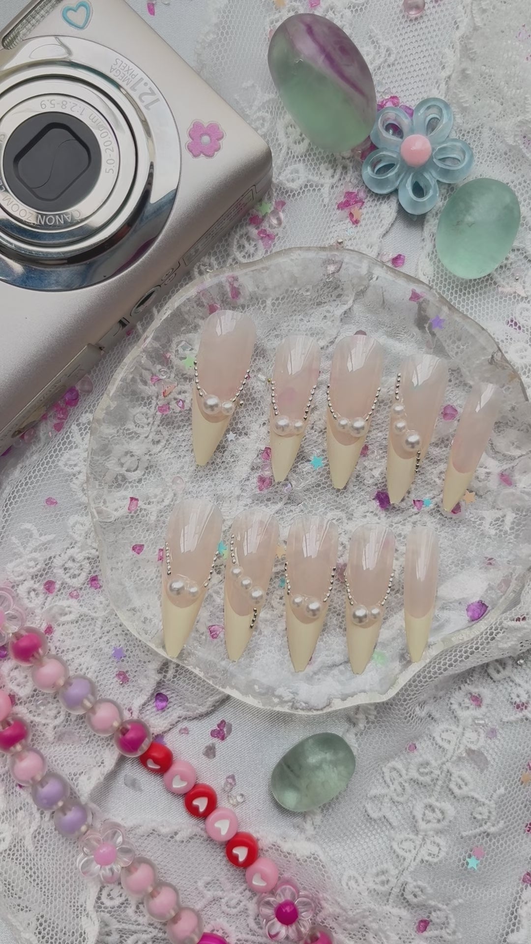 Press-On Nails – Nude & Cream French Stiletto with Pearl Accents | Wynzy Pops Nails
