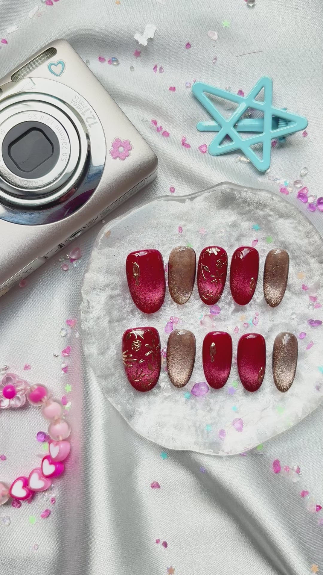 Custom Press-On Nails – Red & Brown Cat Eye with Gold Floral Detailing | Handmade Glitter Nail Art | Wynzy Pops Nails