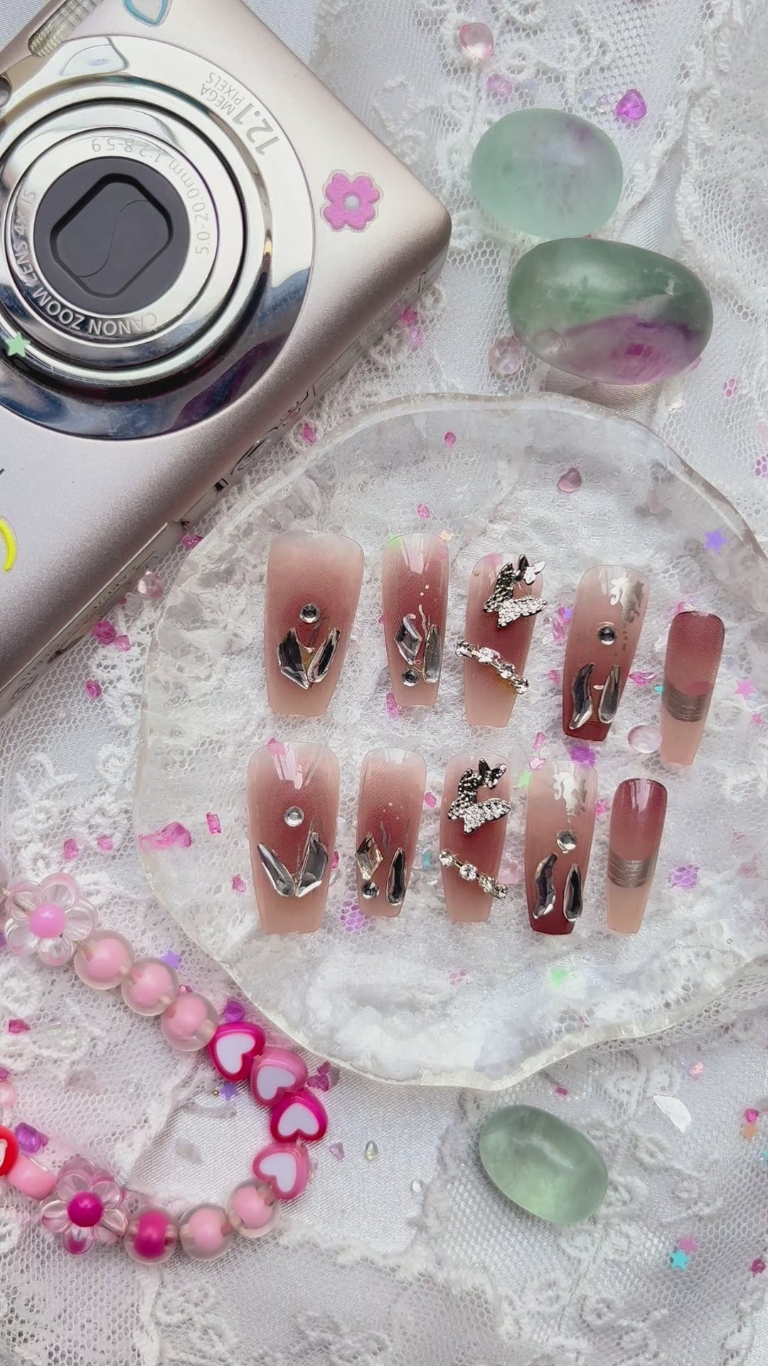 Press-On Nails – Nude Ombre Coffin with Rhinestone & Butterfly Accents | Elegant Glam | Wynzy Pops Nails