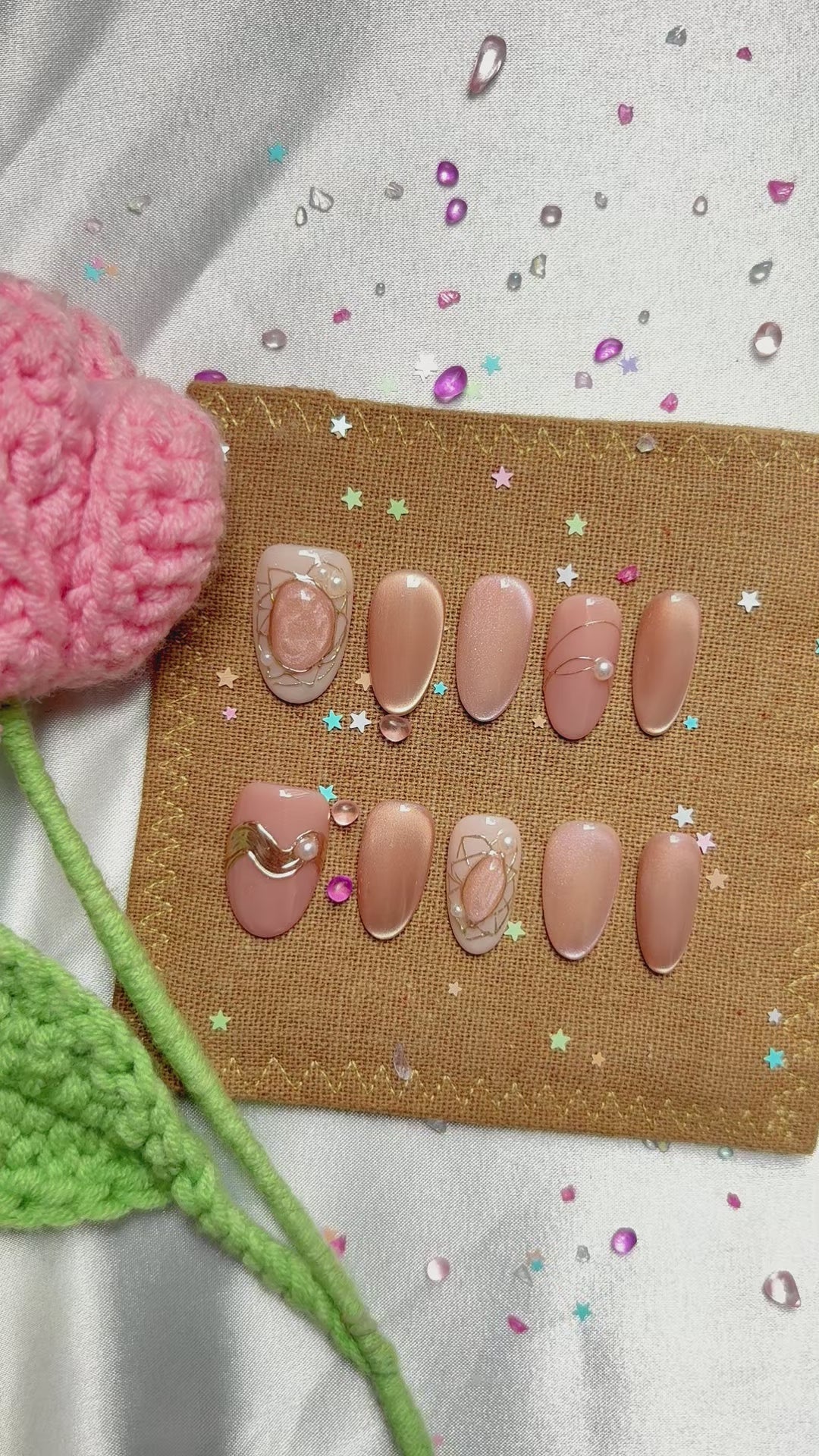 Custom Press-On Nails – Rose Gold Cat Eye with Pearl & Gold Frame Charms | Elegant Minimalist Nail Set | Wynzy Pops Nails