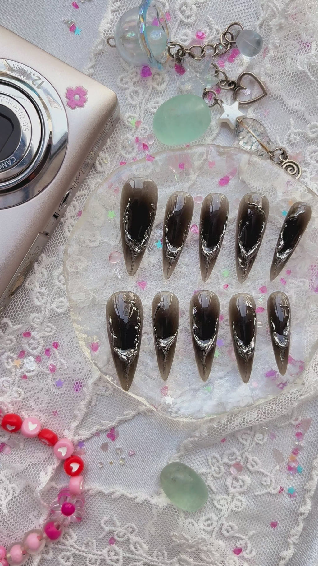 Custom Gothic Stiletto Press-On Nails – Black with 3D Silver Veins | Handmade Dramatic Nail Art Set