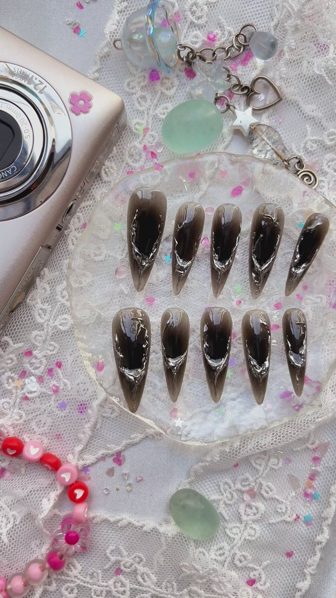 Custom Gothic Stiletto Press-On Nails – Black with 3D Silver Veins | Handmade Dramatic Nail Art Set