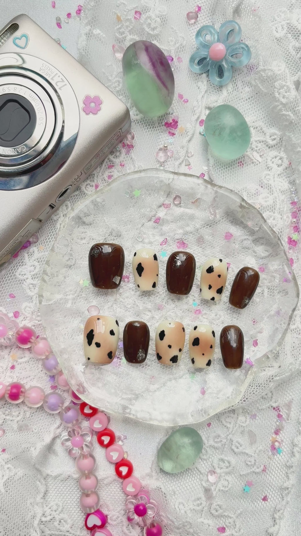 Custom Cow Print Press-On Nails – Short Square Autumn Nails | Brown & Cream Combo | Wynzy Pops Nails