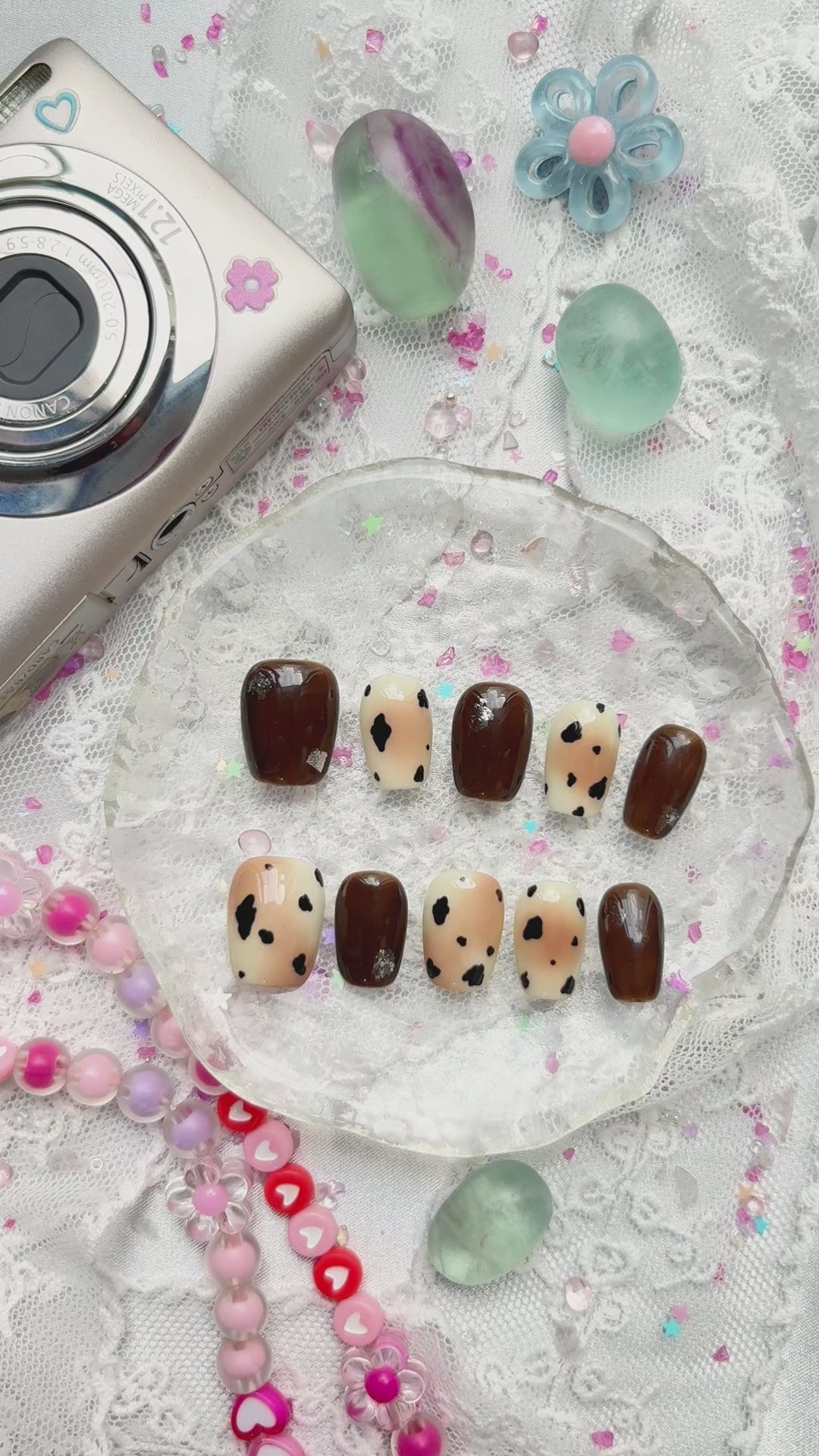 Custom Cow Print Press-On Nails – Short Square Autumn Nails | Brown & Cream Combo | Wynzy Pops Nails
