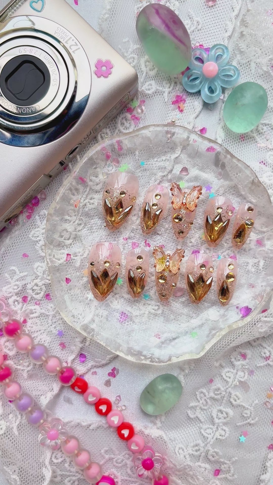 Press-On Nails – Gold Glitter Butterfly with 3D Rhinestones | Handmade Sparkle Nail Art | Wynzy Pops Nails