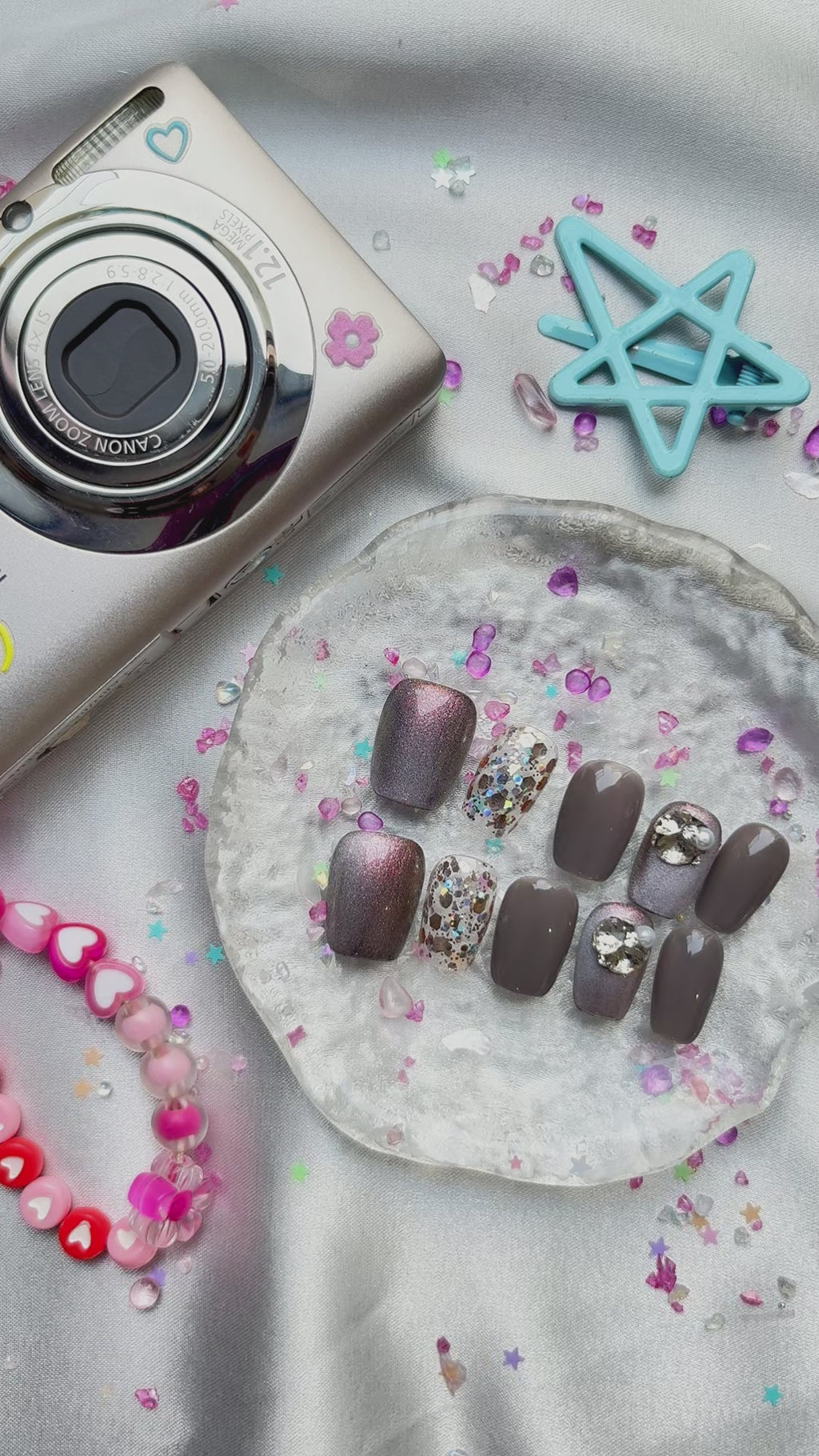 Luxury Gray Rhinestone Press-On Nails | Pearl Glitter Nail Art Set | Wynzy Pops Nails