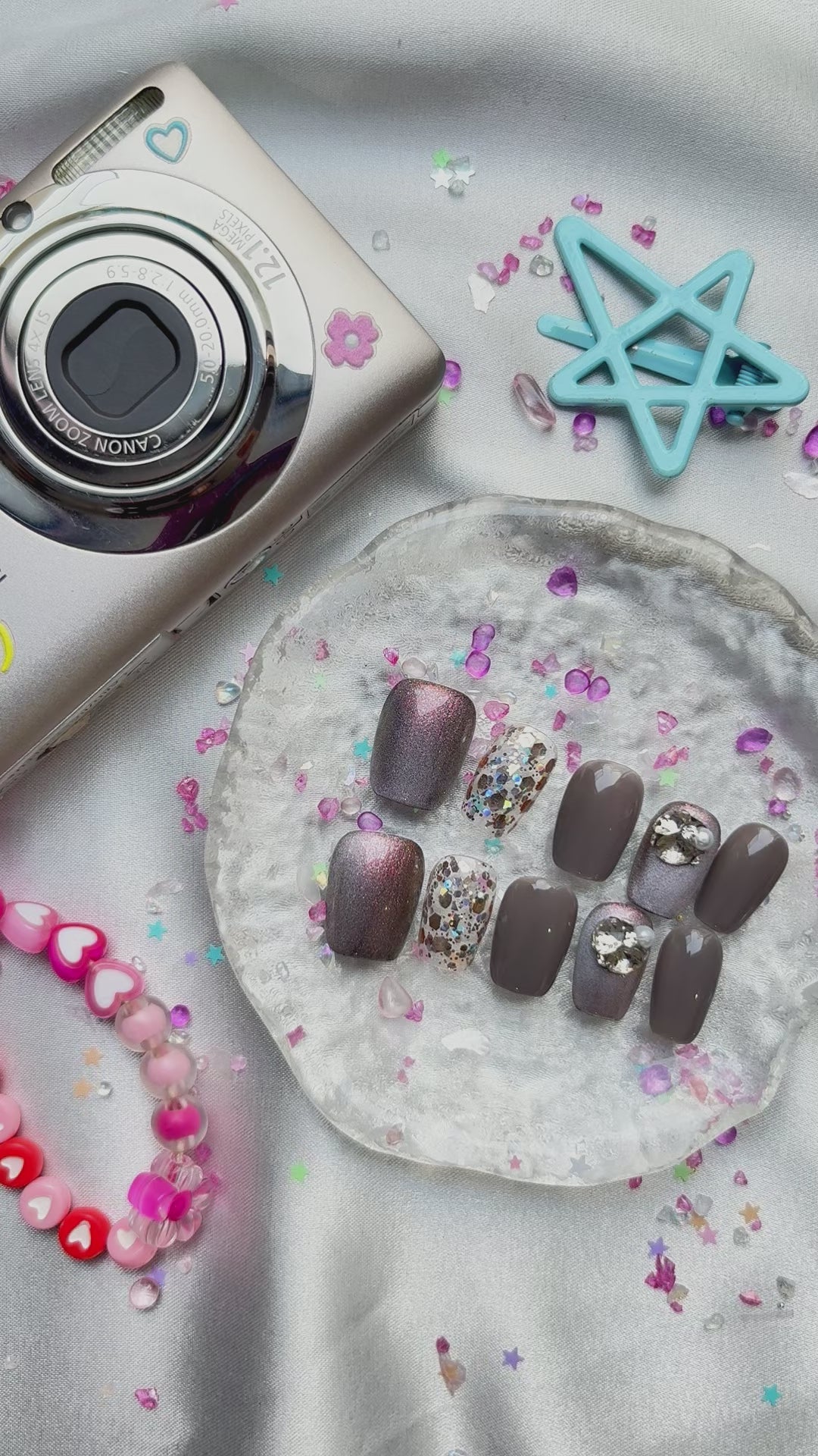 Luxury Gray Rhinestone Press-On Nails | Pearl Glitter Nail Art Set | Wynzy Pops Nails