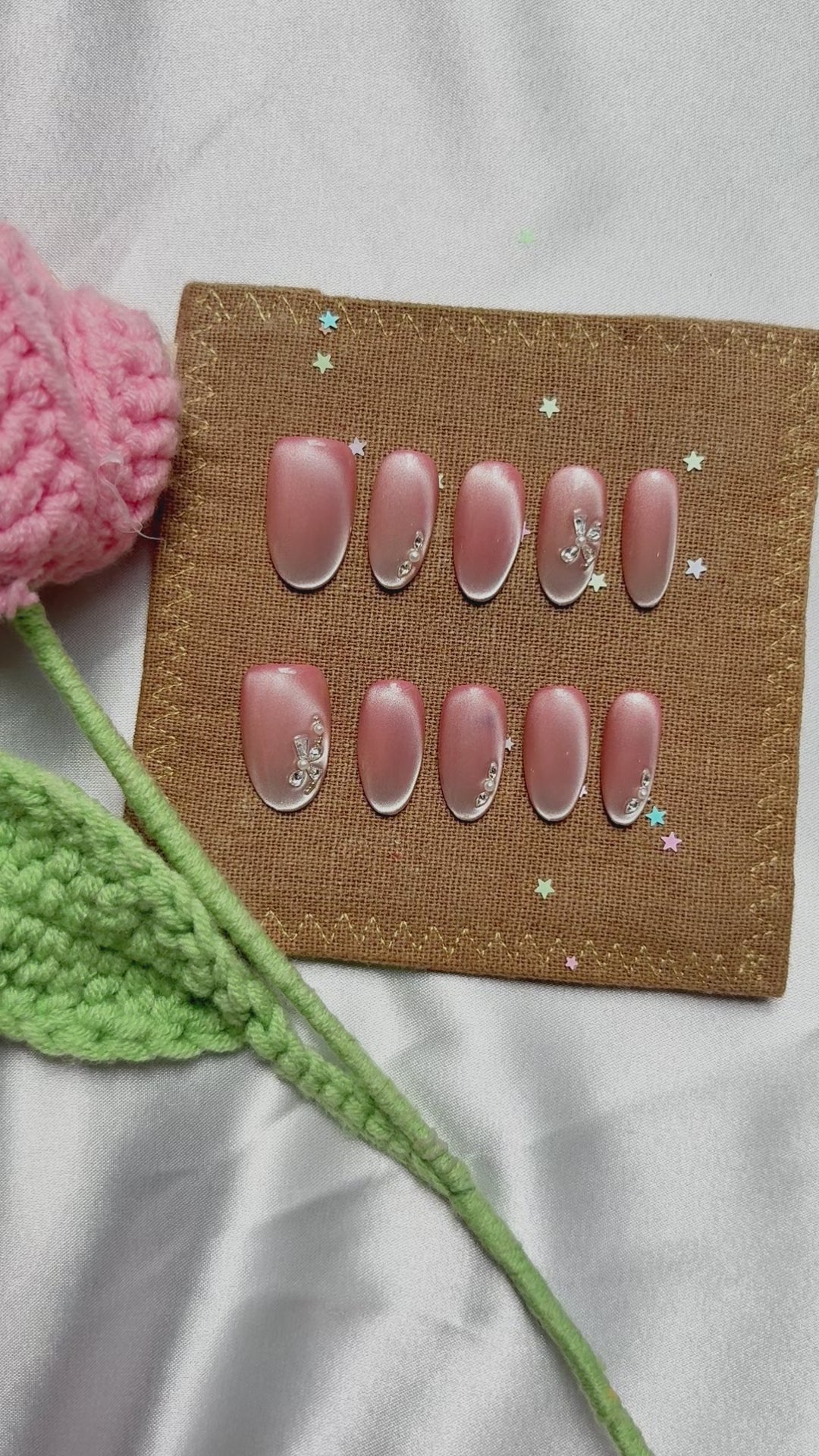 Custom Pearl Pink Press On Nails | Cat Eye Shimmer Nails | Elegant Rhinestone Accents | Personalize Long Oval Nail Design