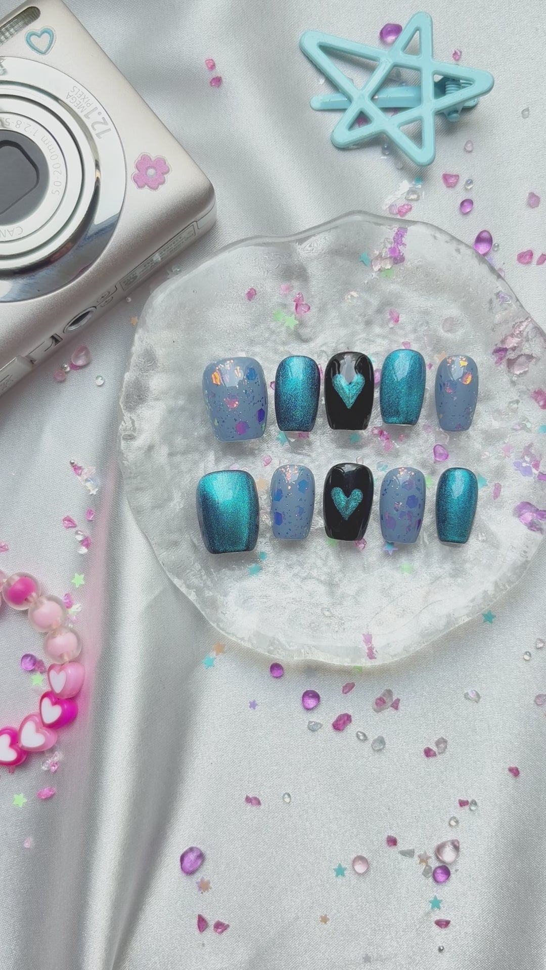 Personalize Blue Cat Eye Press On Nails | Blue Heart Accent | Glitter Flake Design | Square Short Handmade False Nails