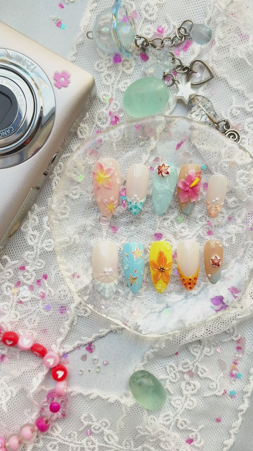 3D Tropical Ocean Custom Press-On Nails – Summer Beach Floral Nail Art | Handmade Glam Set | Wynzy Pops Nails