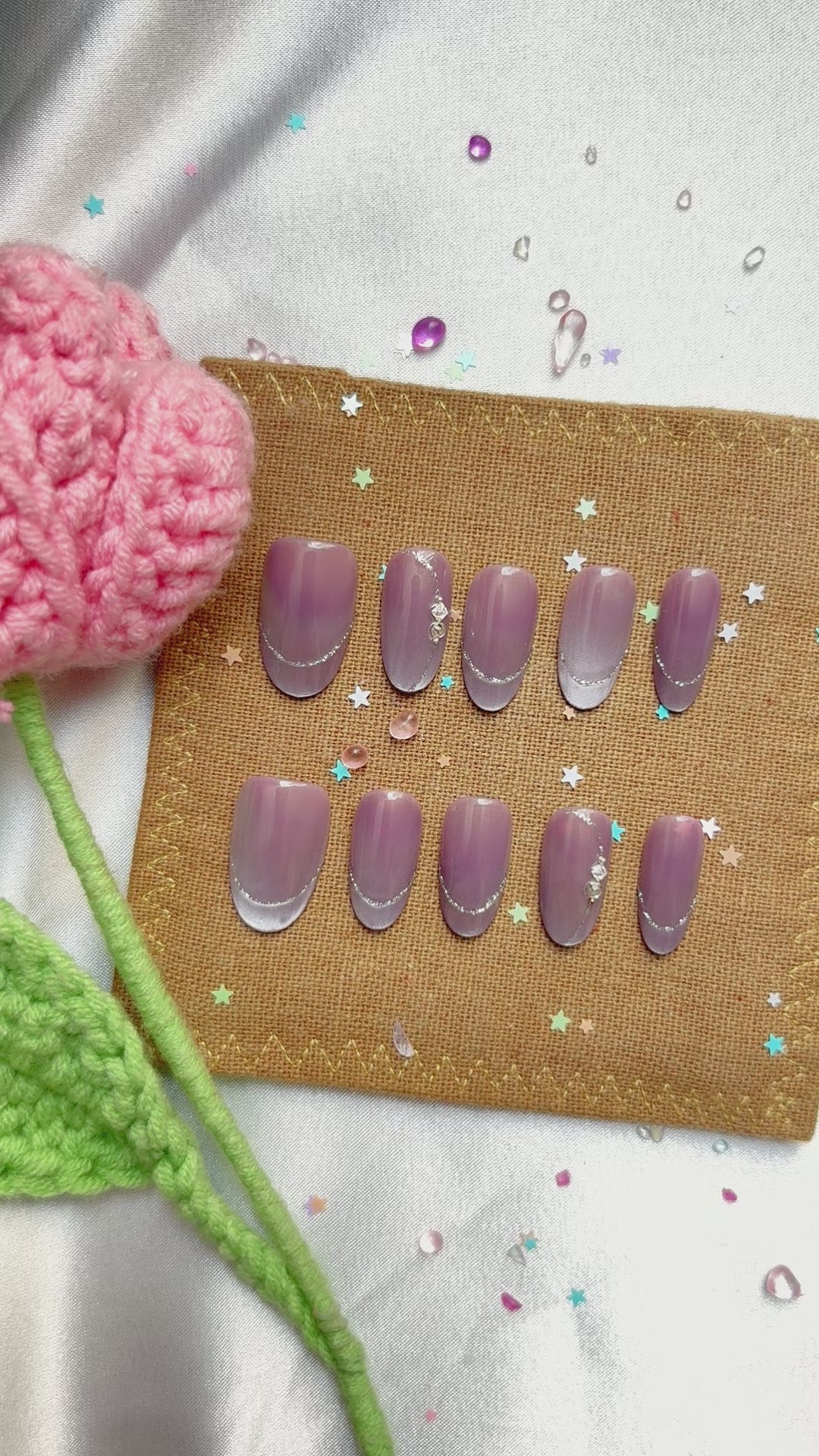 Custom Press-On Nails – Personalized Nude Lavender Ombre with Silver Glitter Swirl & Crystal Accent | Wynzy Pops Nails