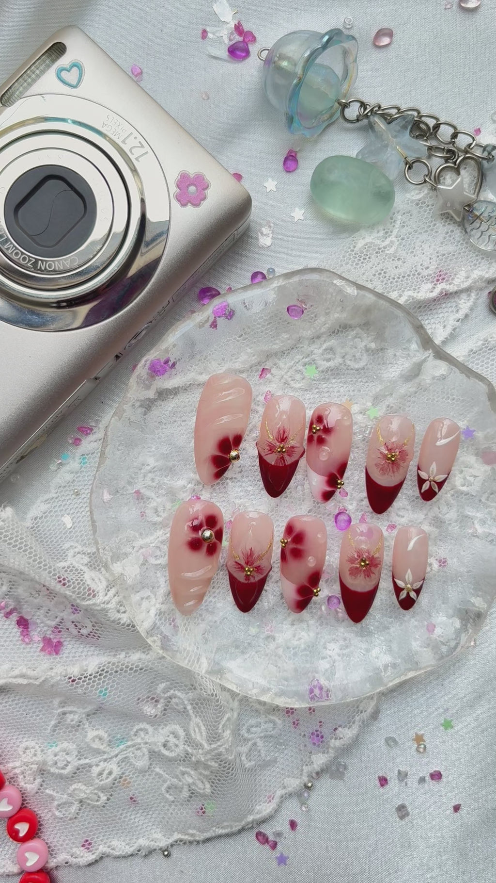Custom Press-On Nails – Personalized Red Floral French Tip with 3D Flower Nail Art | Wynzy Pops Nails