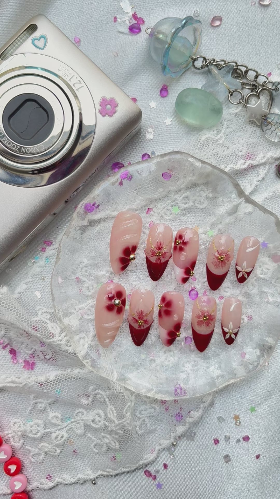 Custom Press-On Nails – Personalized Red Floral French Tip with 3D Flower Nail Art | Wynzy Pops Nails