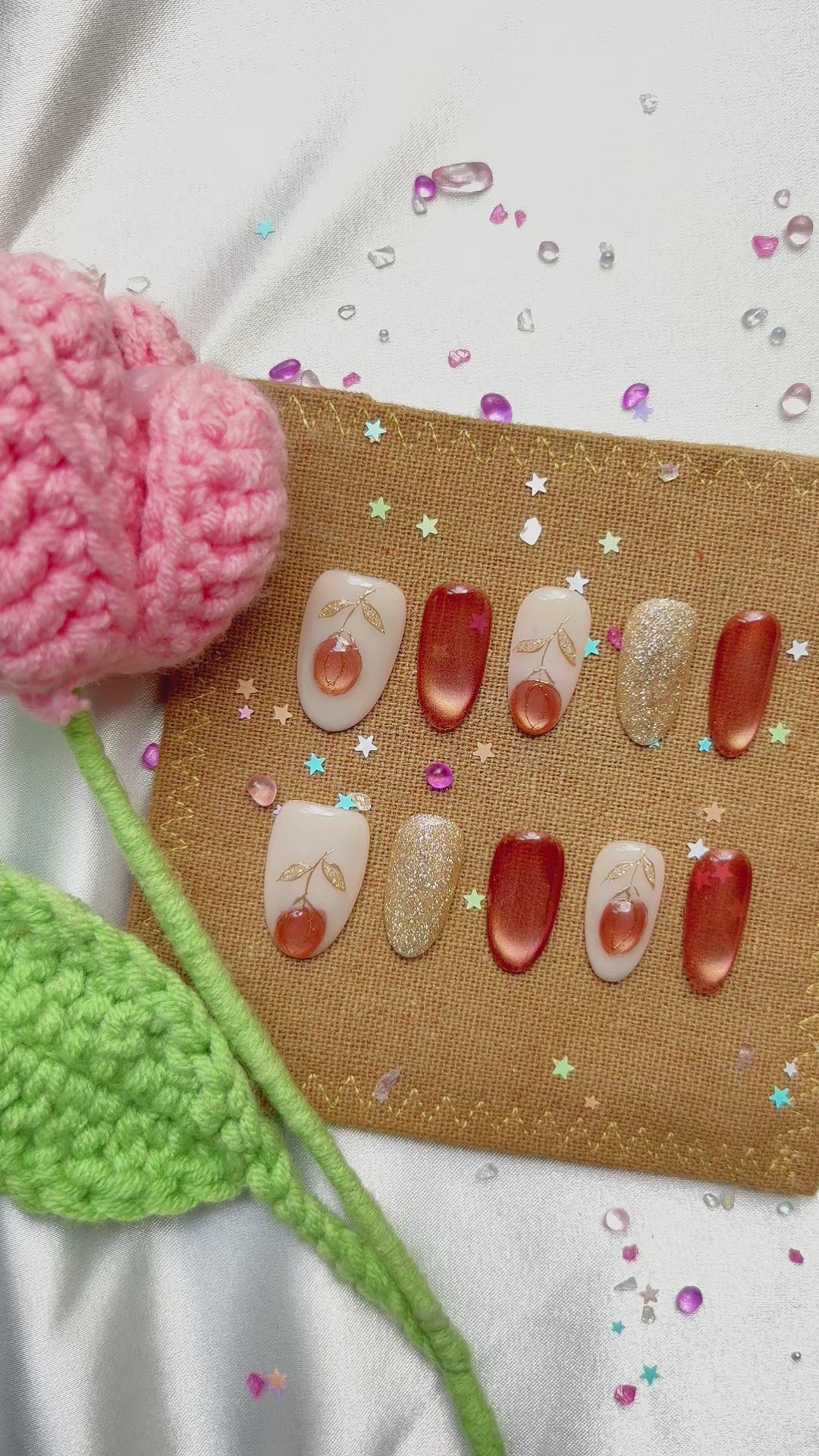 Custom Press-On Nails – Milky White, Gold Glitter & Red Cat Eye with 3D Peach Accents | Luxury Non-Custom Nail Art | Wynzy Pops Nails