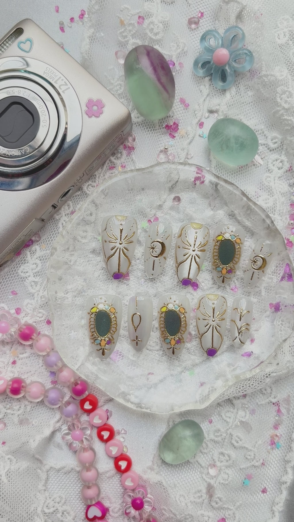 Custom Gray Mystic Press-On Nails | Celestial Gold & Gems | Wynzy Pops Nails