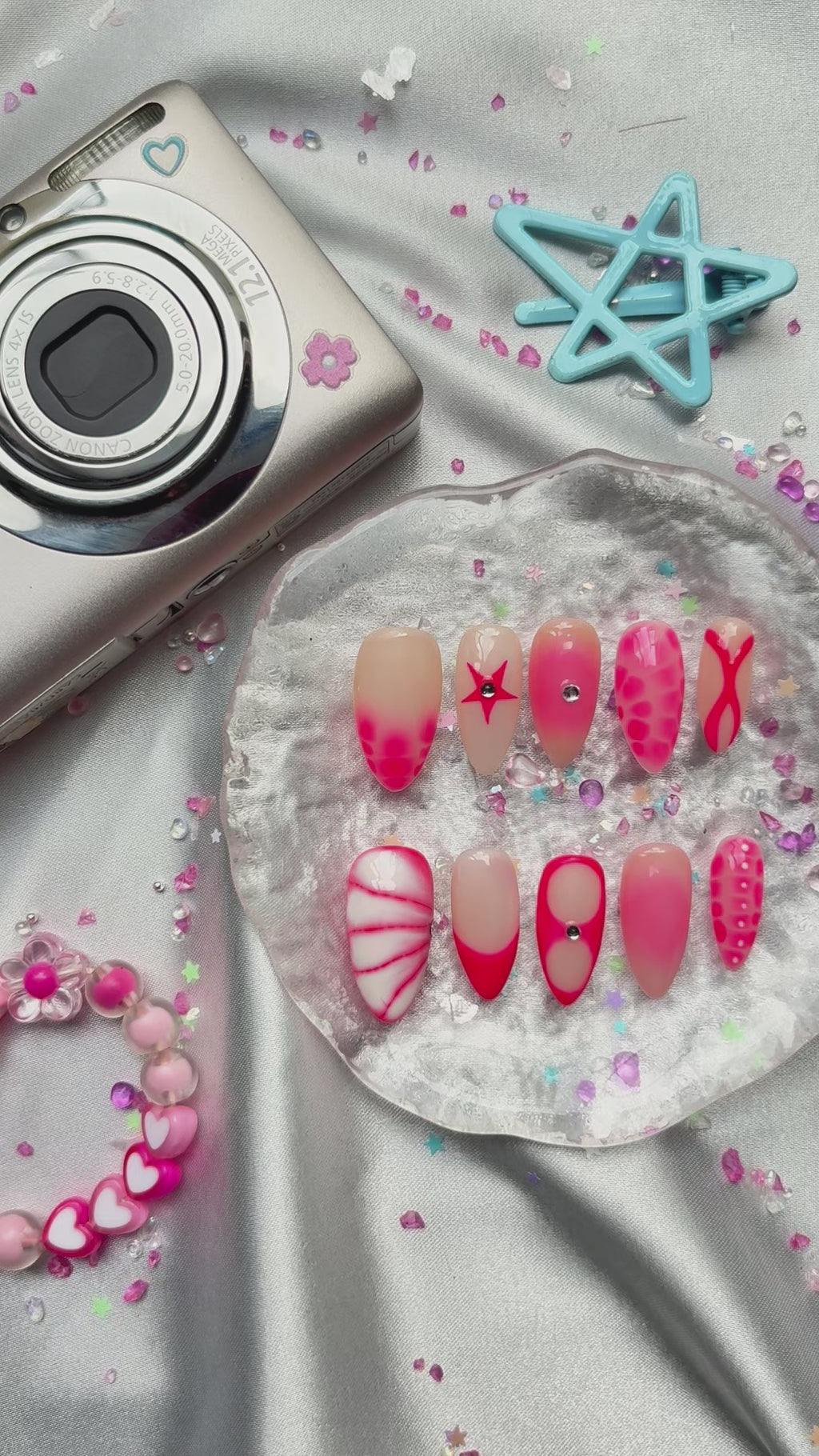 Personalized Neon Pink Almond Press On Nails | Abstract & French Mix Design | Y2K Nail Trend 2025 | Playful Summer Manicure