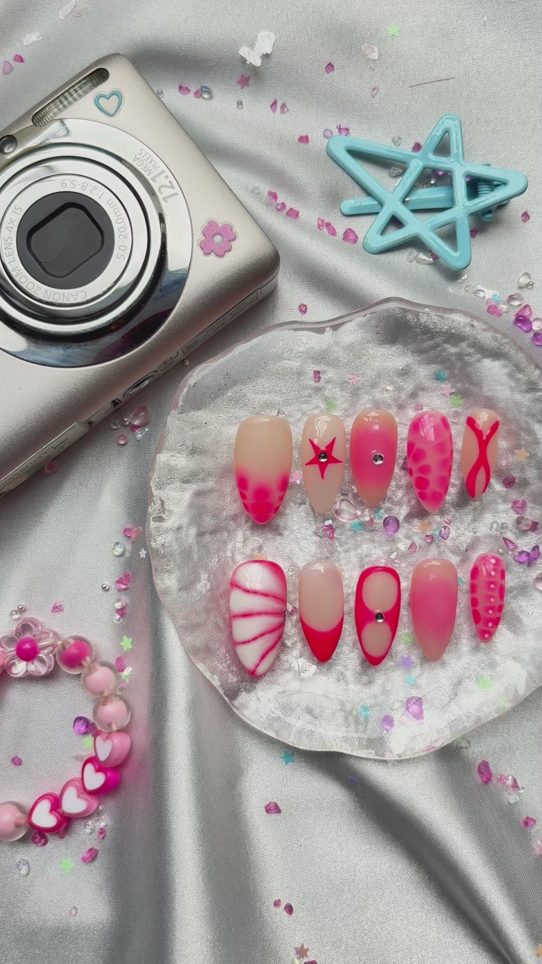 Personalized Neon Pink Almond Press On Nails | Abstract & French Mix Design | Y2K Nail Trend 2025 | Playful Summer Manicure