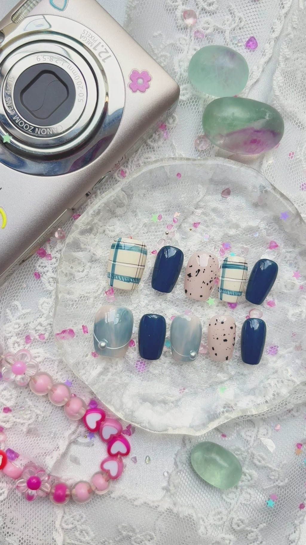 Custom Press-On Nails – Navy Plaid & Marble Gray with Speckled Detail & Pearl Charm | Soft Grunge Aesthetic | Wynzy Pops Nails