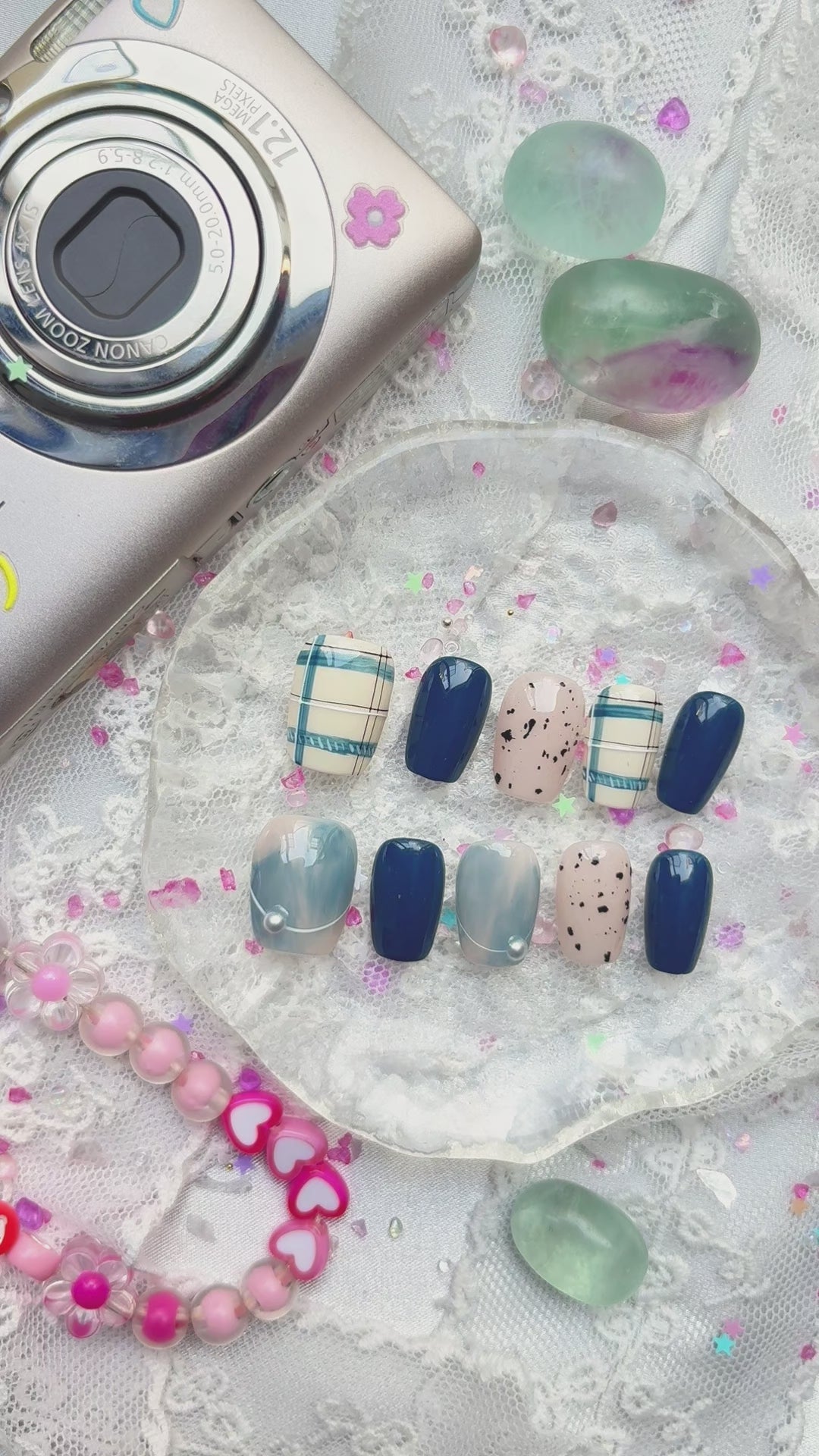 Custom Press-On Nails – Navy Plaid & Marble Gray with Speckled Detail & Pearl Charm | Soft Grunge Aesthetic | Wynzy Pops Nails