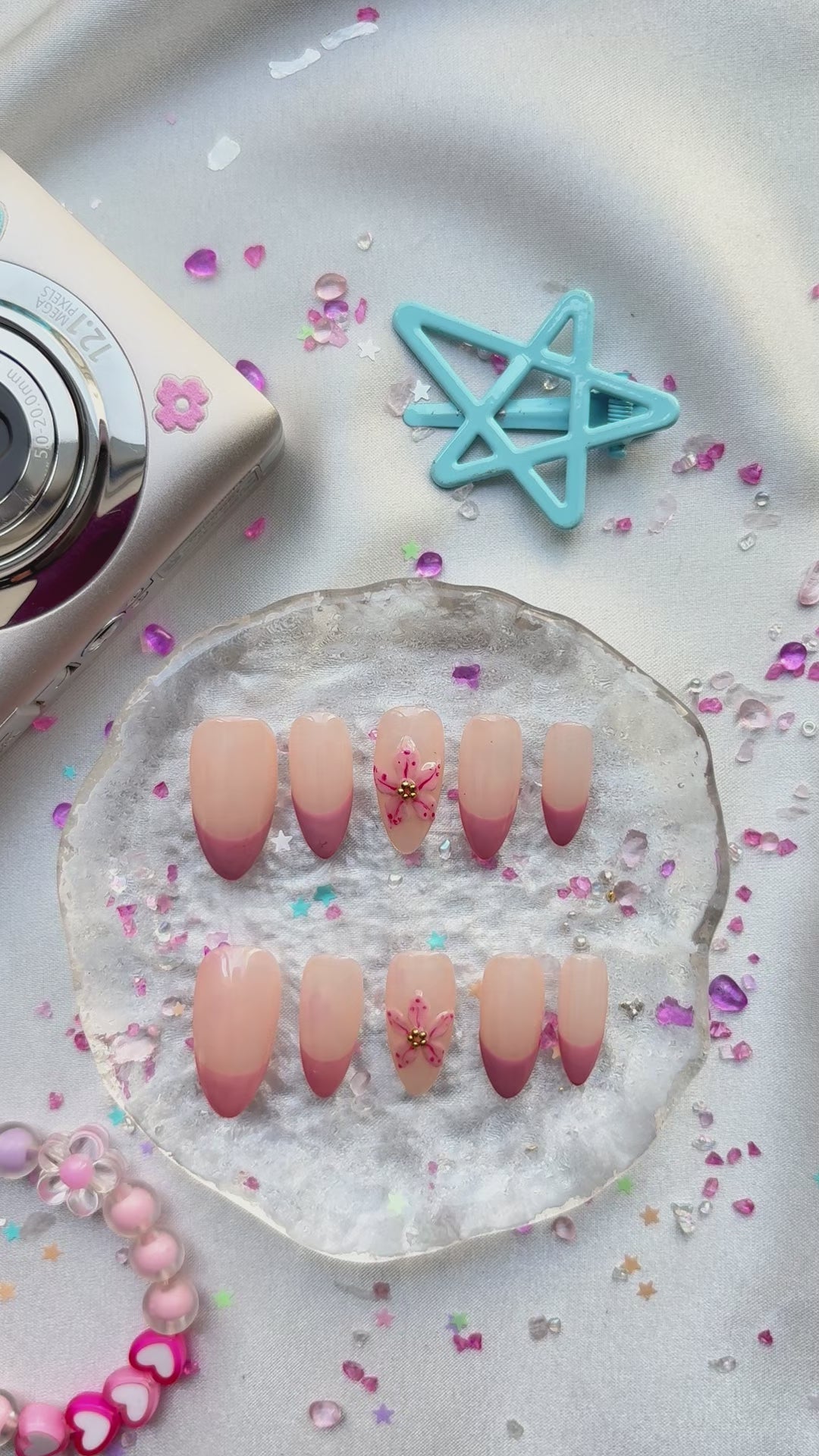 Custom Press-On Nails – Personalized Pink French Tip with 3D Floral Nail Art Set | Wynzy Pops Nails