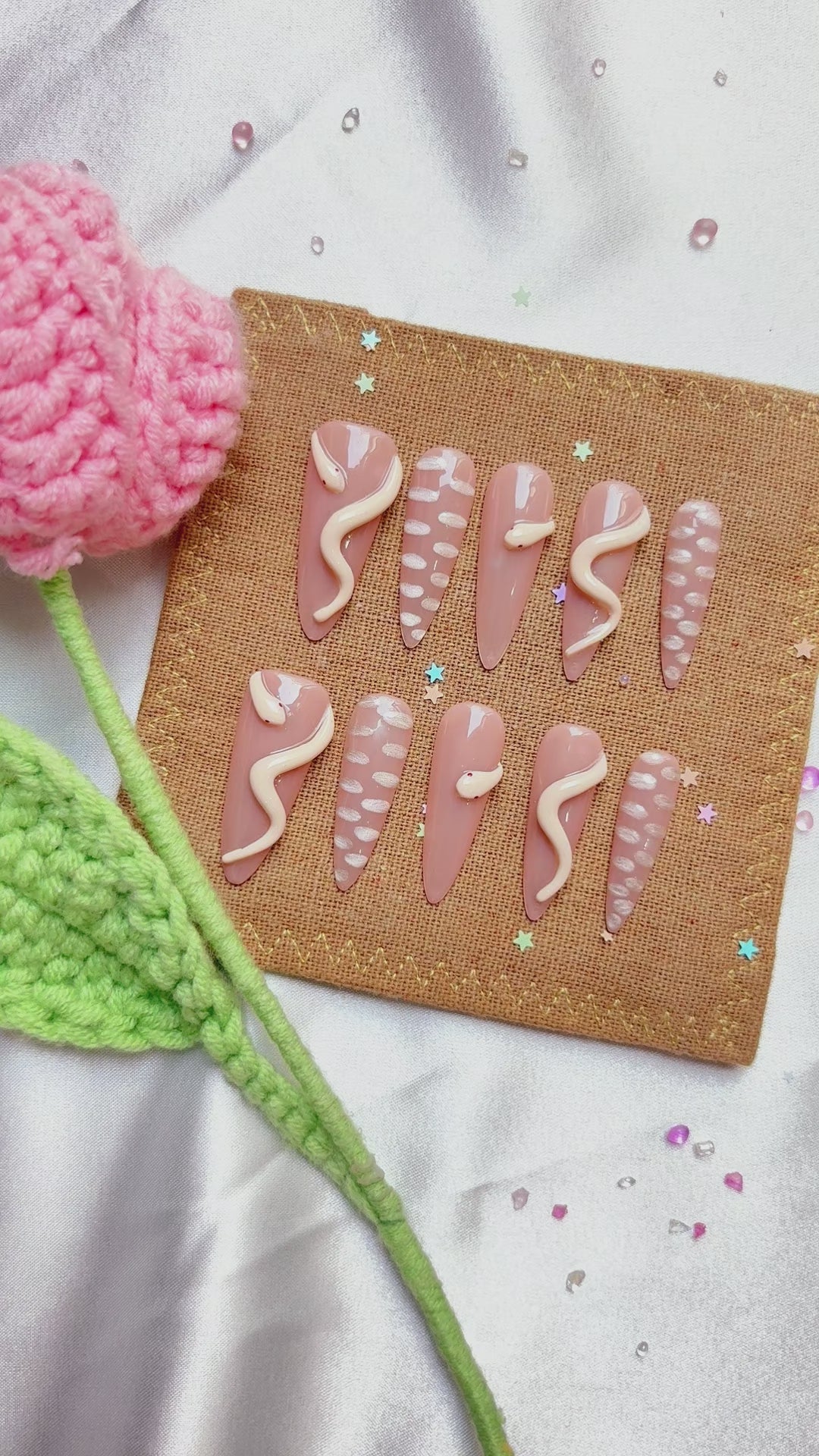 Custom Press-On Nails – 3D Snake Stiletto Nails with Nude Base | Personalized Halloween Nail Art | Wynzy Pops Nails