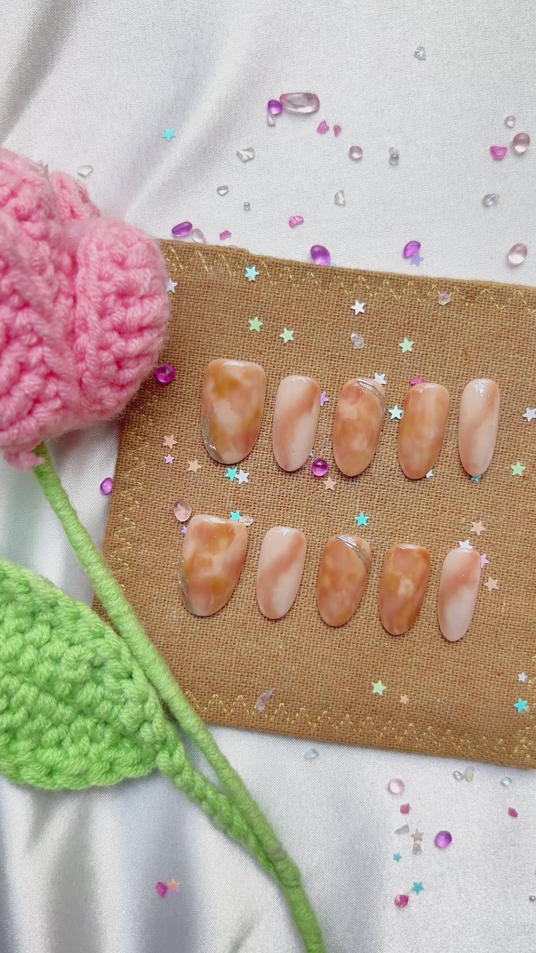 Personalized Brown Marble Press On Nails | Luxury Glossy Amber Swirl Nail Art | Handmade Custom Nails