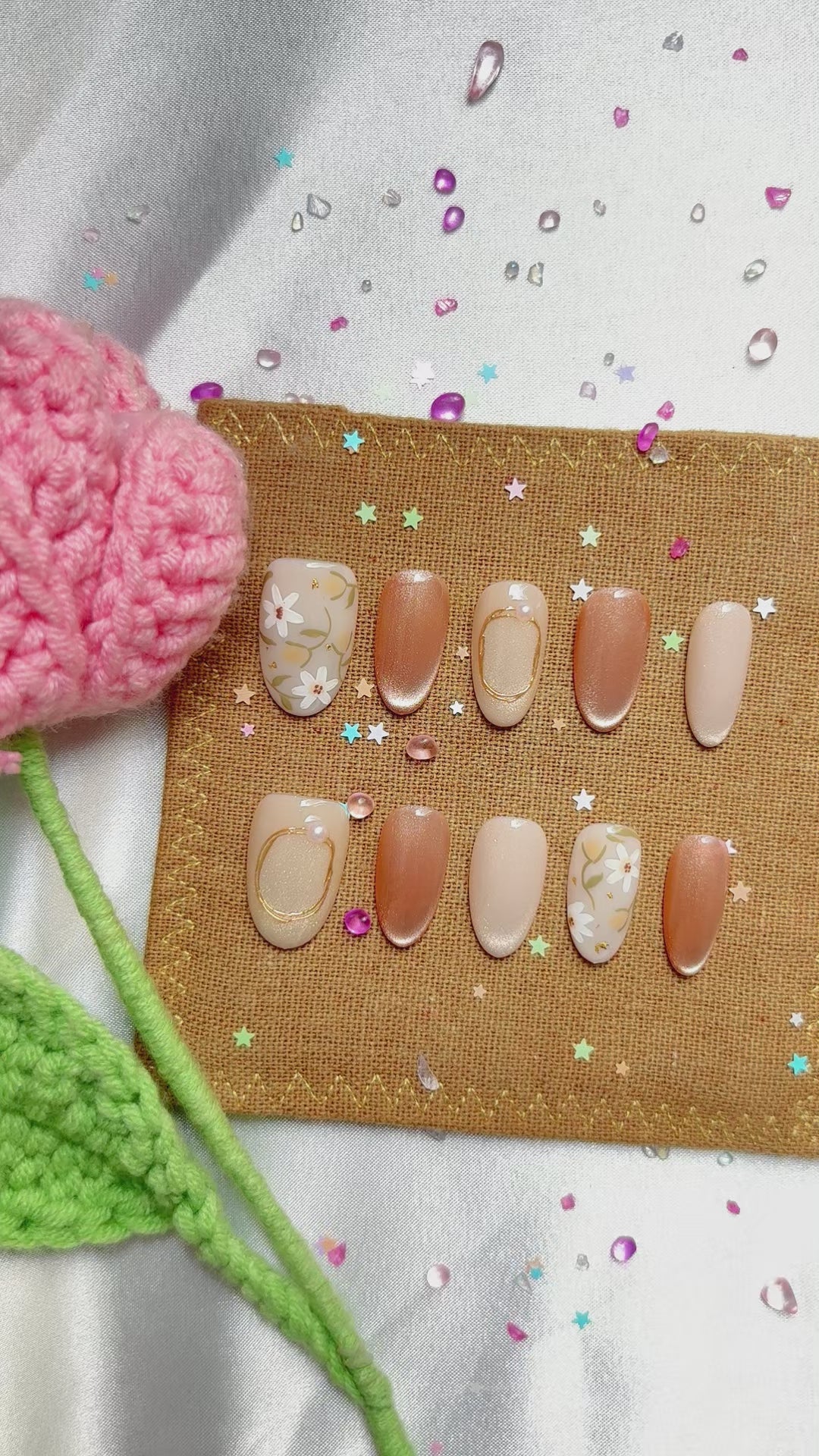 Personalized Nude Beige Press On Nails | White Floral Luxury Nail Art | Minimalist Trendy Handmade Gift for Women